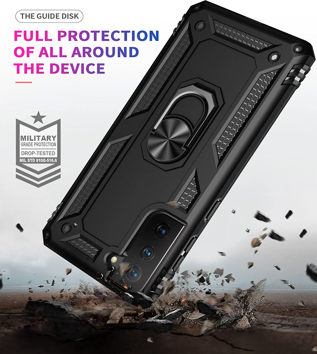 Military Grade Protective Case for Samsung Galaxy S21 FE with Ring Kickstand & Car Mount - Shockproof Cover for Everyday Use, Travel & Outdoor Activities - Black