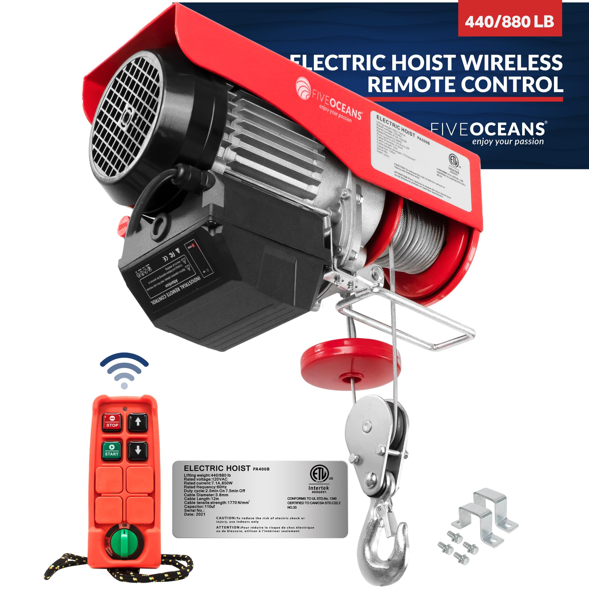 Five Oceans 880 Lb Electric Hoist with Wireless Remote Control - 110V Heavy Duty Winch & Pulley System for Garage, Workshop, Construction, and Industrial Lifting