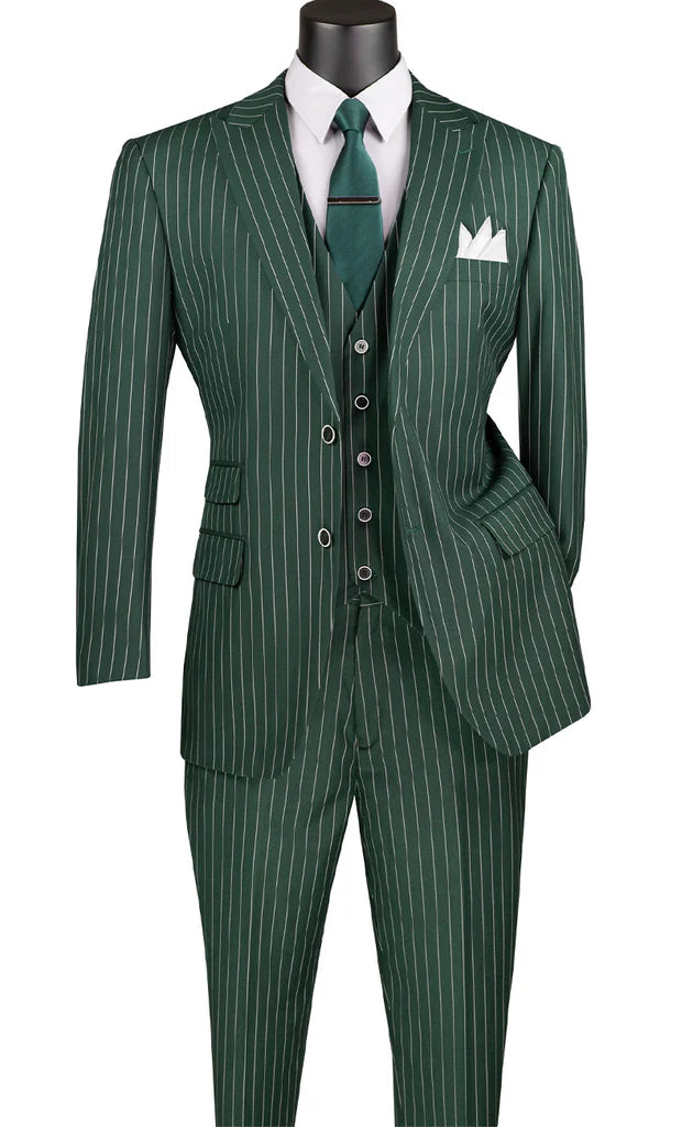 Hunter Green Regular Fit 3-Piece Suit with 2-Button Gangster Stripe - Perfect for Weddings, Business Meetings & Formal Events