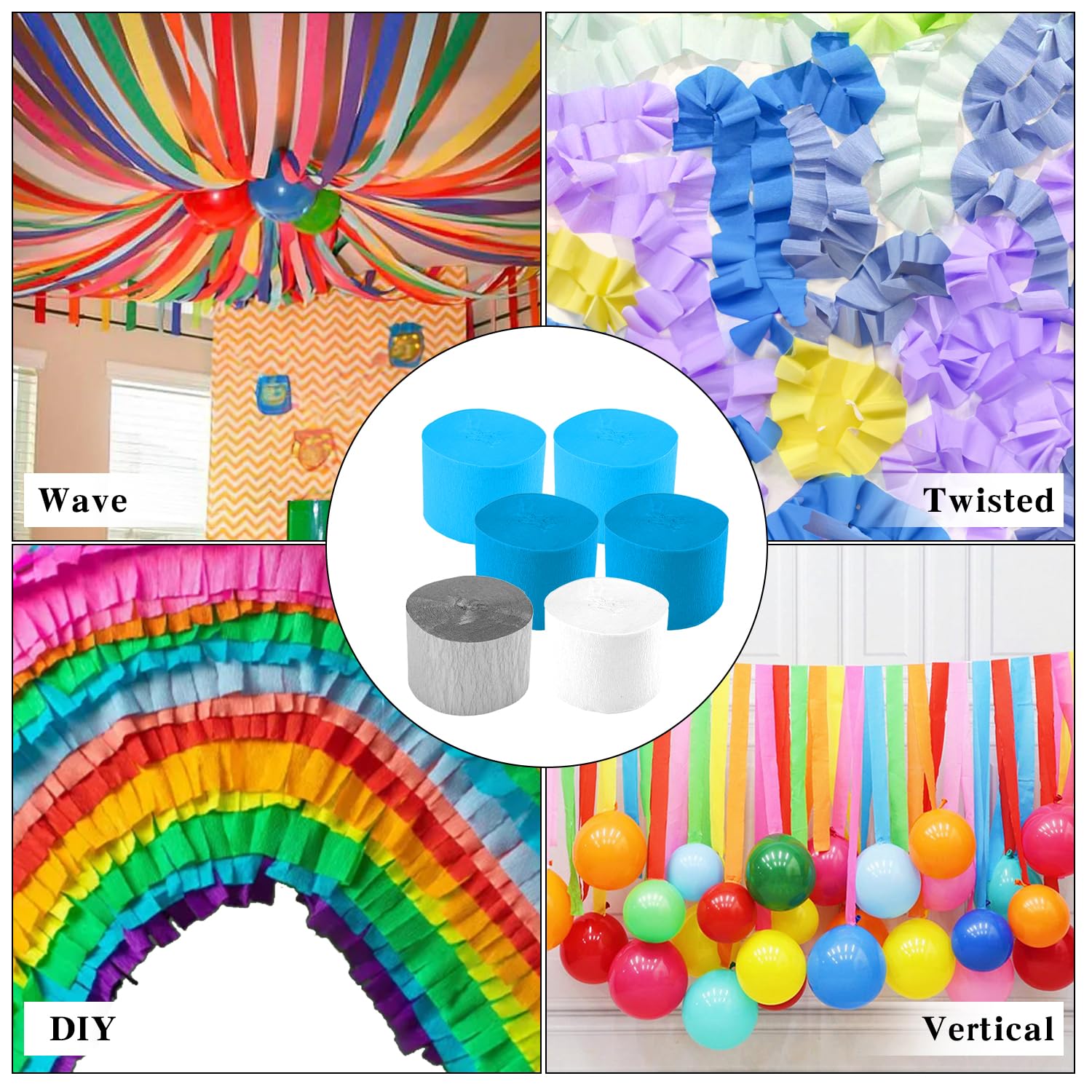 6 Pack Crepe Paper Streamers - 492ft Total (Blue, Silver, White) for Birthday Party, Wedding, Thanksgiving & Baby Shower Decorations | 2.37