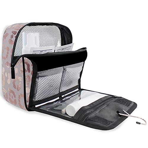 Rose Gold Leopard Print Hanging Toiletry Bag - Waterproof Travel Makeup Organizer for Women & Men | Portable Cosmetic Case for Bathroom, Gym, Camping & Vacation Essentials