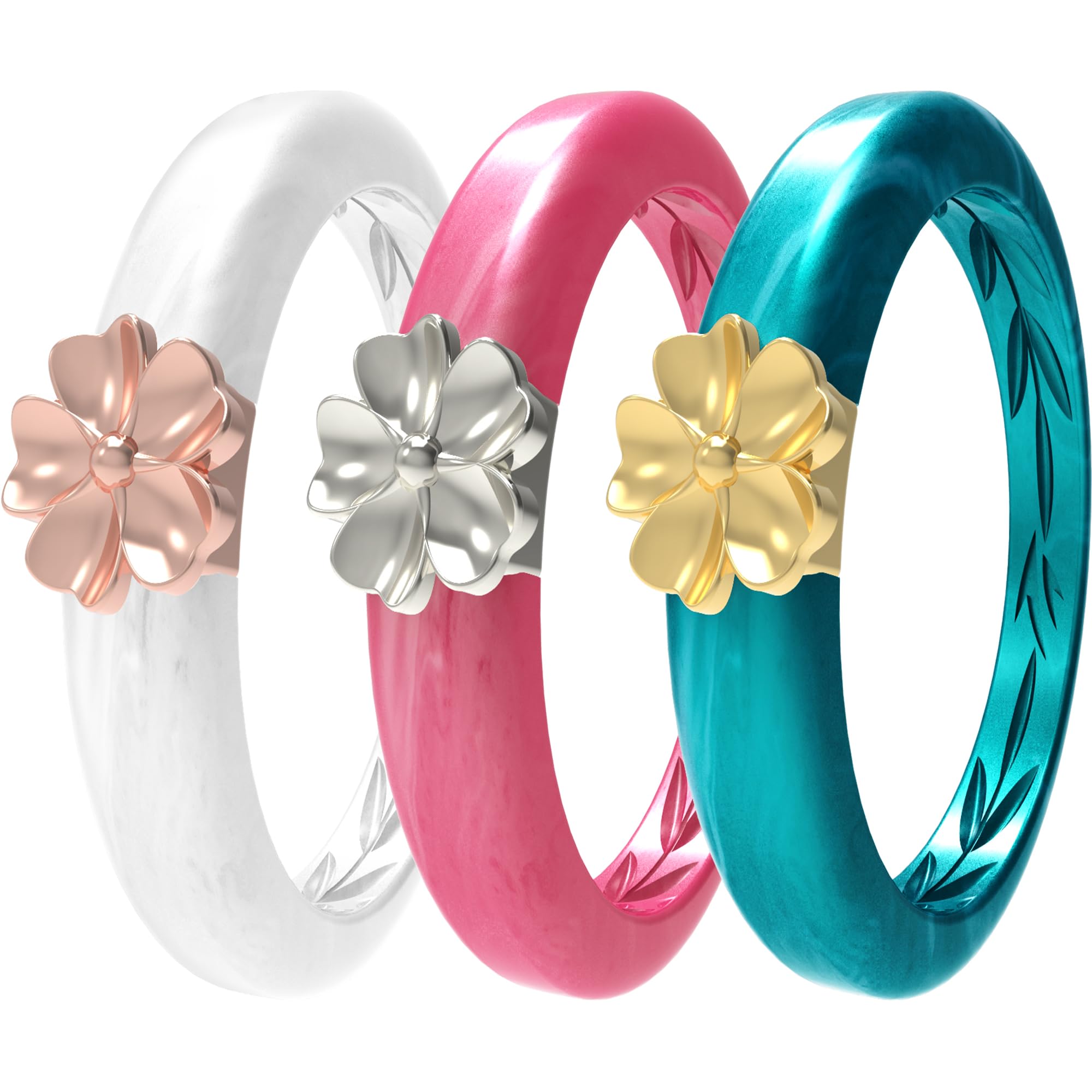 Zollen Women's Silicone Wedding Bands - 3 Pack Flower Shaped Rubber Rings, Size 10 - Comfortable & Durable for Active Lifestyles, Swimming, Yoga & Outdoor Activities