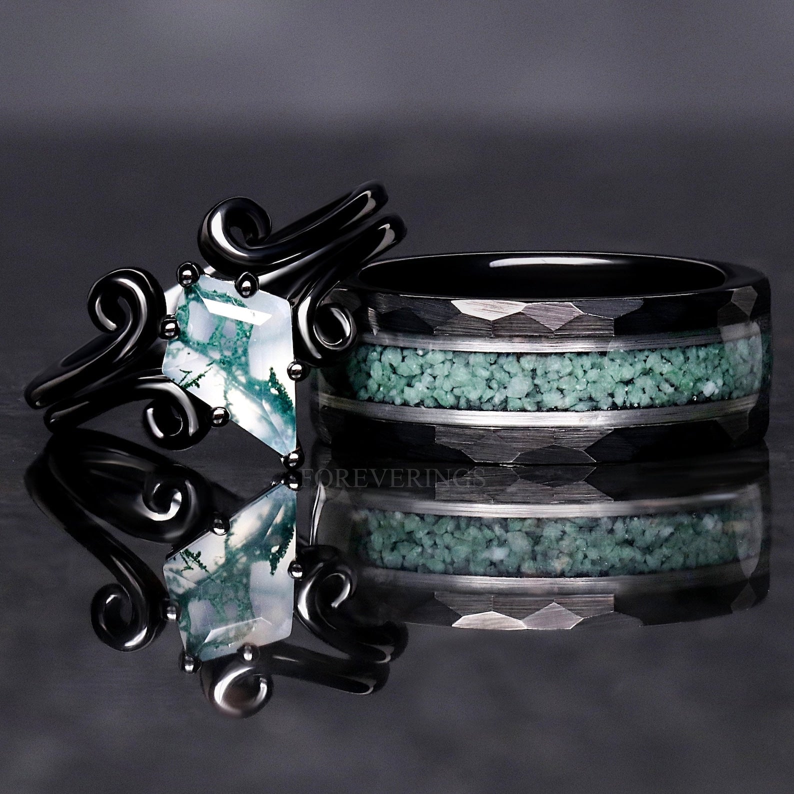 Green Moss Agate Twisted Couple Rings Set - Natural Stone Wedding Band for Him & Her - Perfect for Anniversaries, Engagements and Romantic Gifts