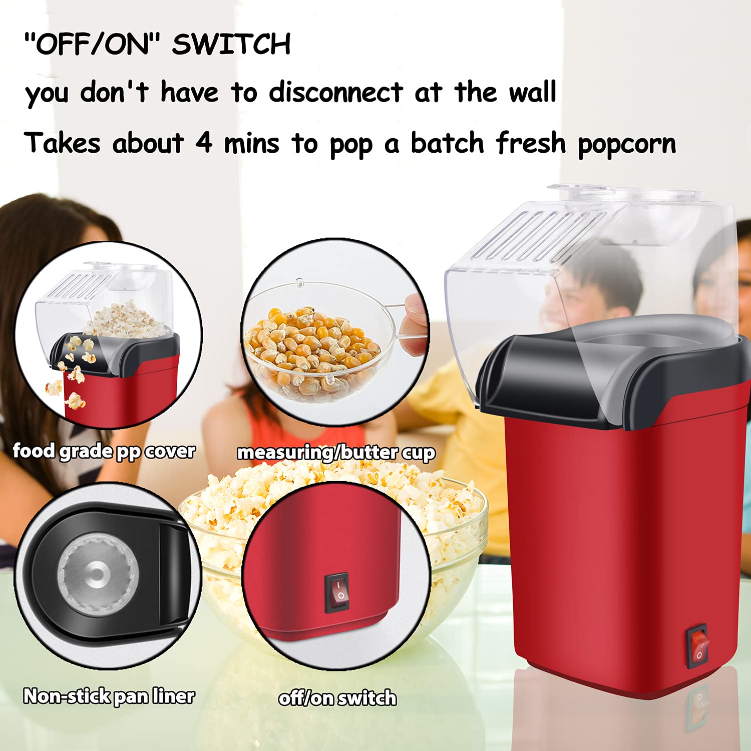 Electric Hot Air Popcorn Popper Machine - Healthy Oil-Free Snack Maker with Measuring Cup for Home, Movie Nights & Parties