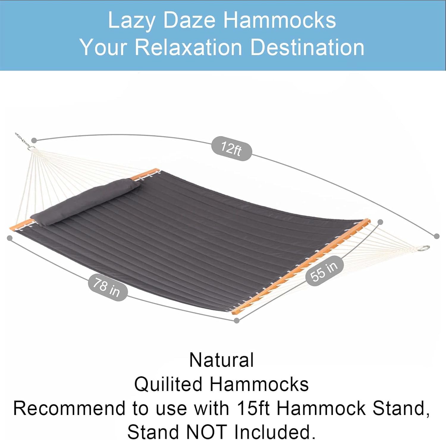 12 FT Quilted Fabric Double Hammock with Spreader Bar & Pillow - 2-Person Outdoor Hammock with Chains, 450 lbs Capacity - Perfect for Patio, Poolside, Backyard, Beach & Camping (Gray)
