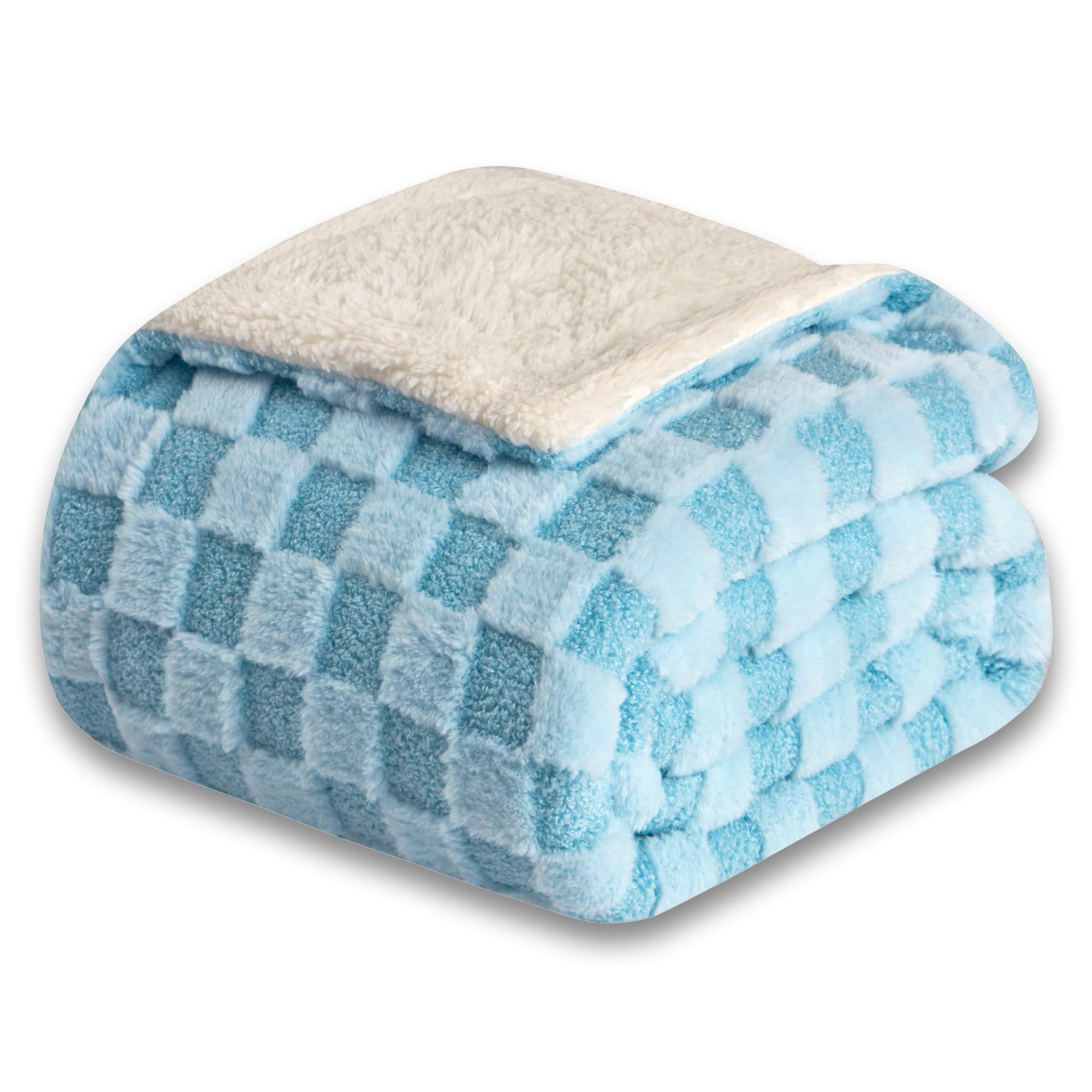 Checkered Faux Fur Throw Blanket - Ultra Soft & Warm Fleece Blanket for Couch, Bed, Chair - Perfect for Camping, Travel, Picnics & Home Decor - Baby Blue 50x60 Inches
