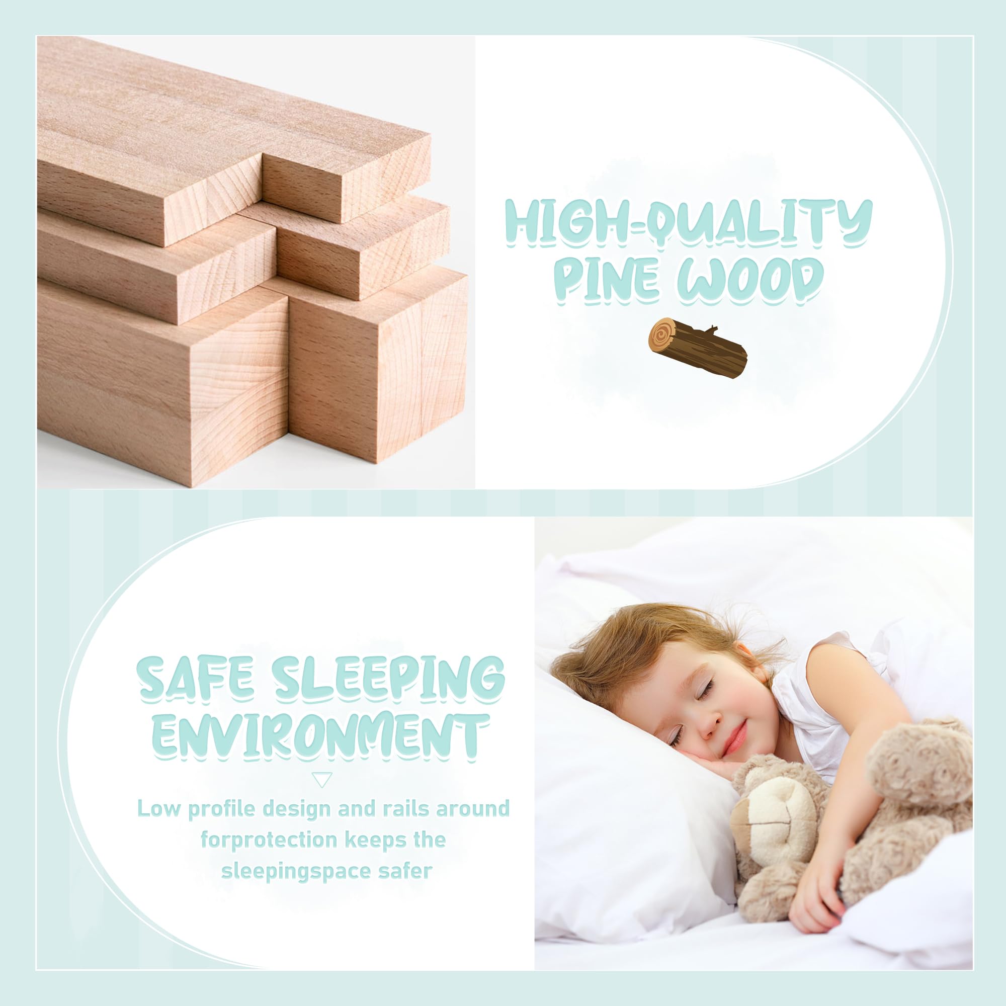 Montessori Full Size Floor Bed with Slats & Center Support Bar - Natural Wood Toddler Bed with Safety Fence & Door for Kids Room, Playroom or Nursery