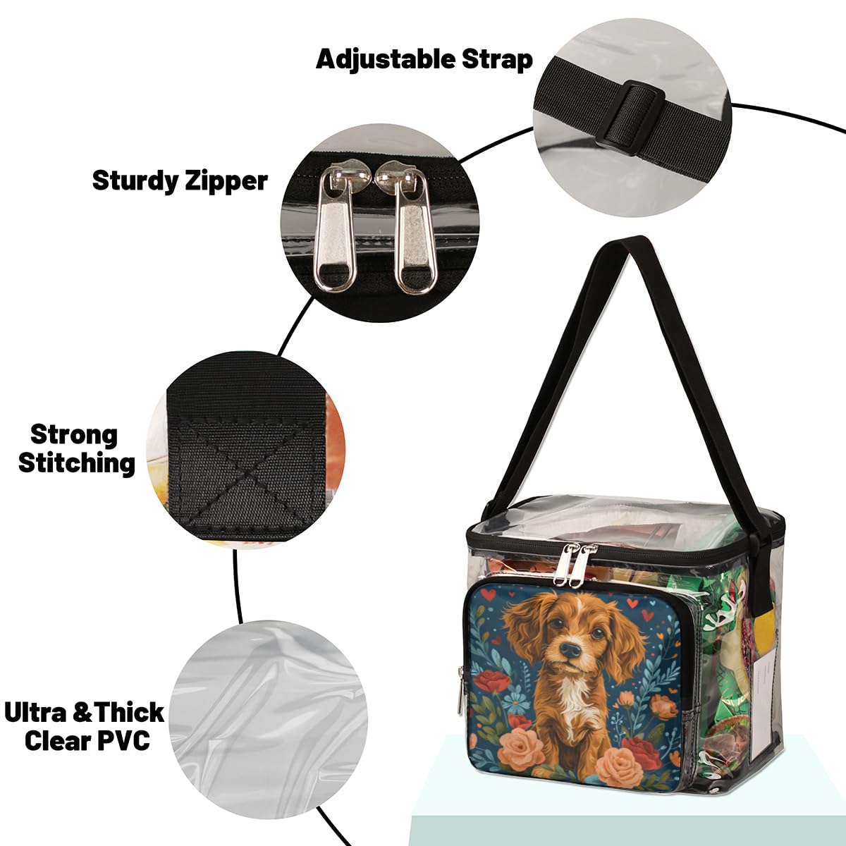 Valentine's Day Clear Tote Bag with Handles - Transparent Crossbody Shoulder Bag for Dog Lovers | Perfect for Lunch, Outdoor Travel, Picnic, Concerts & Sports Events | Stadium Approved Multi-Purpose Purse