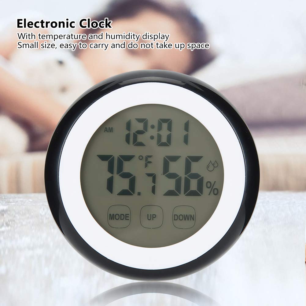 Digital Alarm Clock with Touch Control, Temperature & Humidity Display - Round Design for Heavy Sleepers, Bedside Table, Home & Office Use