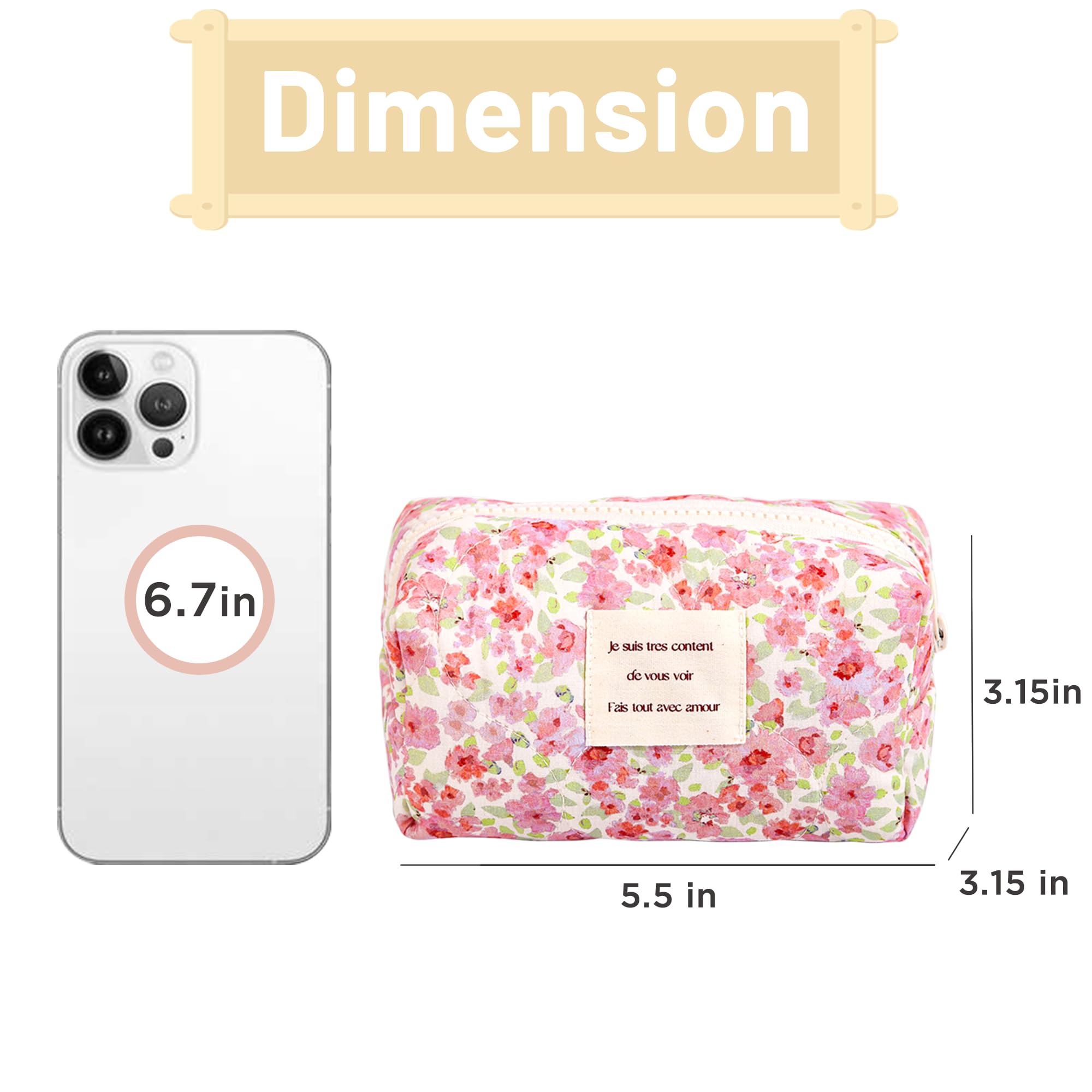 Floral Makeup Bag Small Travel Cosmetic Organizer - Cute Quilted Cotton Zipper Pouch for Toiletries & Accessories | Perfect for Travel, Gym, and Everyday Use