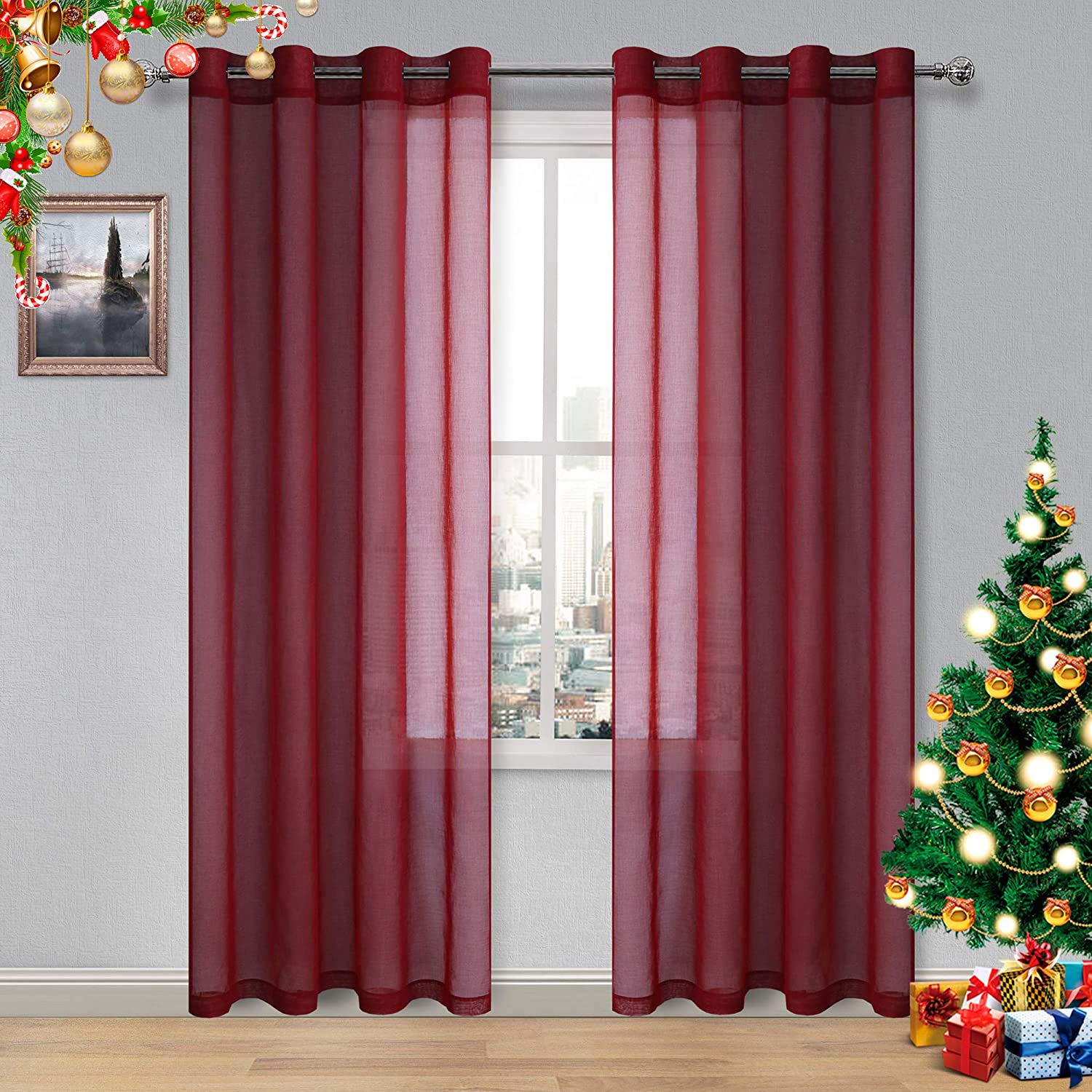 Amaranth Red Sheer Curtains with Grommet Top - 52 x 95 Inch Voile Drapes for Bedroom & Living Room (Set of 2 Panels) - Light Filtering Window Treatments for Privacy & Natural Light