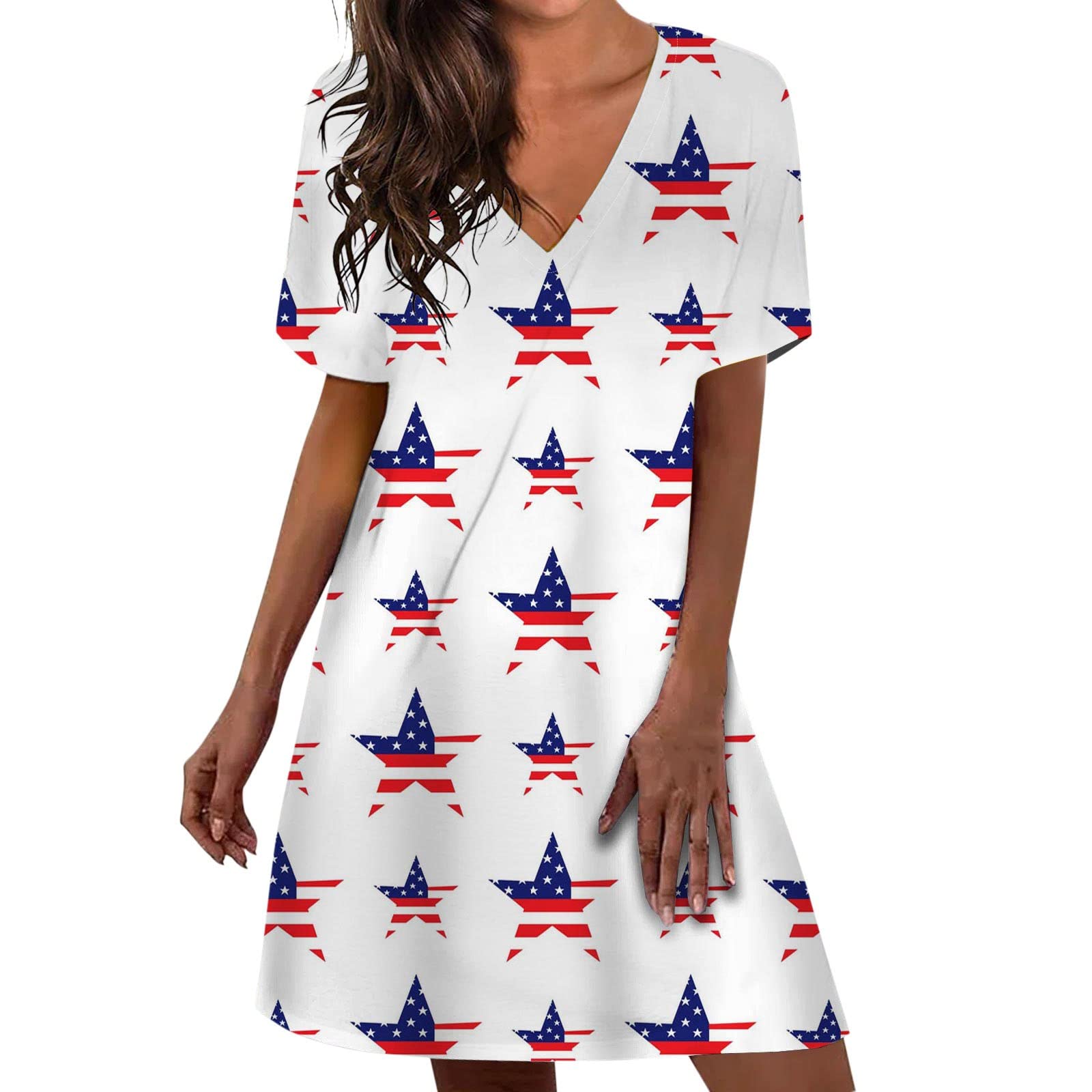 Women's Casual Summer Short Sleeve V-Neck Loose Fit Swing Dress - Red | Perfect for Beach Outings, Picnics & Everyday Wear