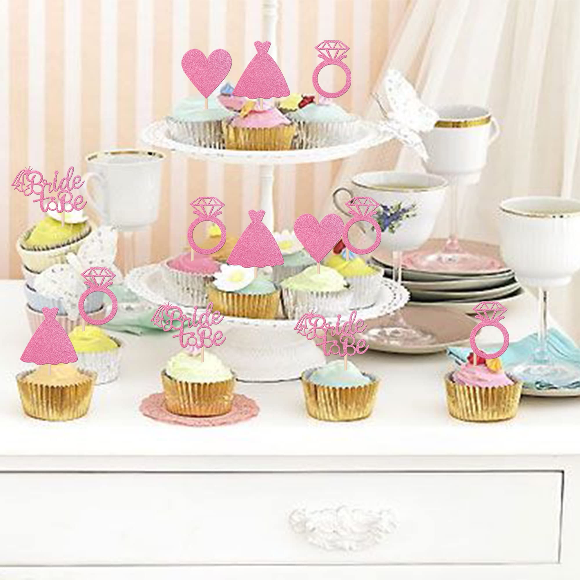 24 PCS Bride to Be Cupcake Toppers - Heart Ring Dress Bridal Shower Cupcake Picks for Wedding, Engagement & Bachelorette Party - Pink Cake Decorations Supplies - Perfect for Bridal Showers, Wedding Receptions & DIY Cake Decorating