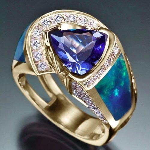 18K Yellow Gold Filled Blue Sapphire Opal Ring for Women & Men - Elegant Wedding Jewelry, Anniversary Gift, Engagement Ring (Size 6) | Perfect for Proposals, Bridal Sets & Special Occasions