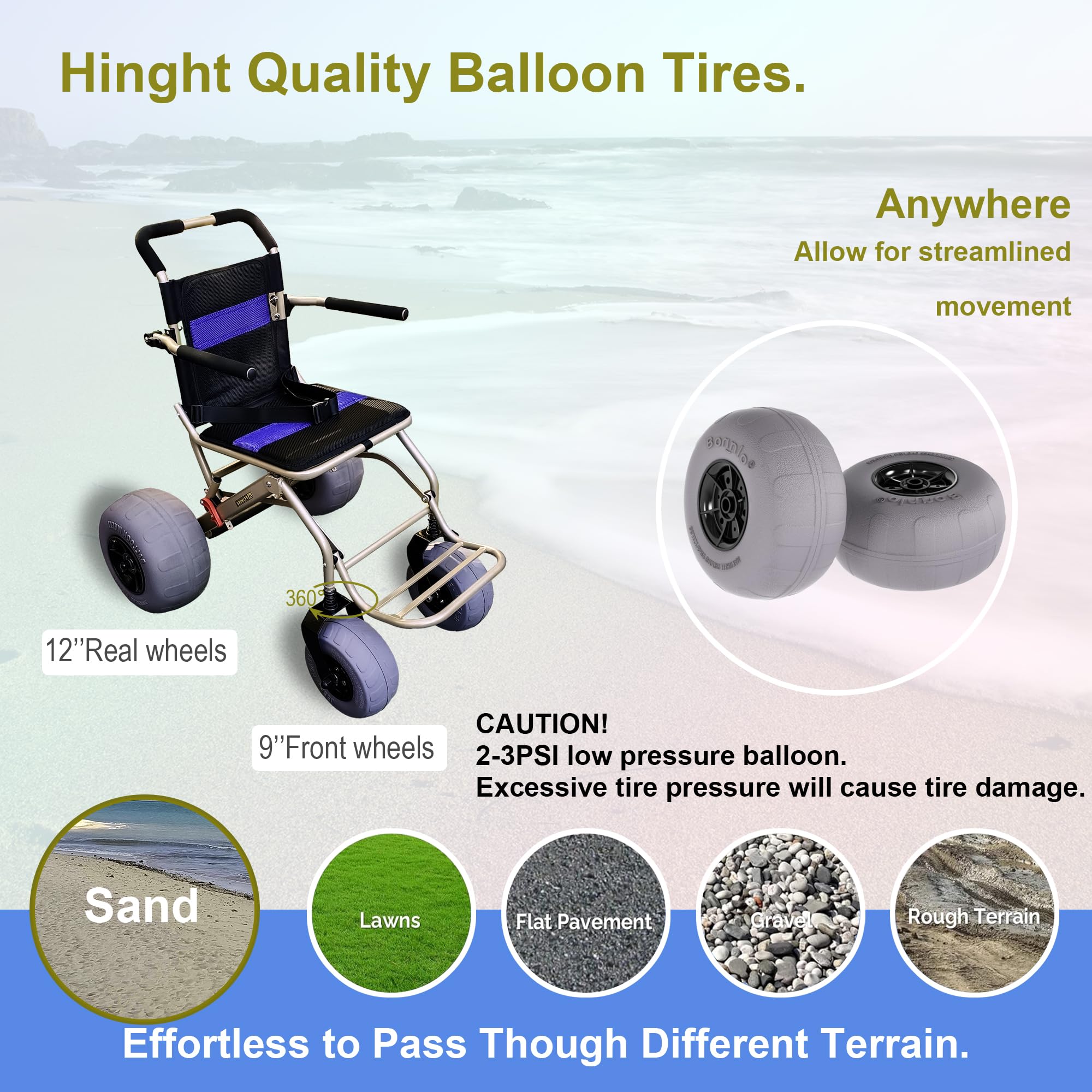**Lightweight Beach Wheelchair for Seniors & Kids - All-Terrain Sand Wheelchair with Balloon Tires for Soft Sand - Perfect for Beach, Park & Outdoor Adventures**