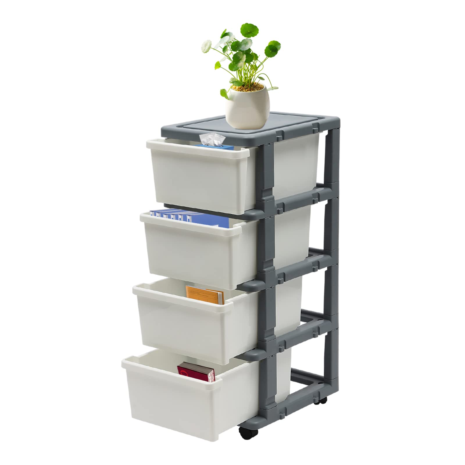 4-Drawer Rolling Storage Organizer with Tray Top - White & Grey Plastic Mobile Desk Organizer for Office, School, Makeup, Medical Supplies - Perfect for Home, Office, and Classroom Organization
