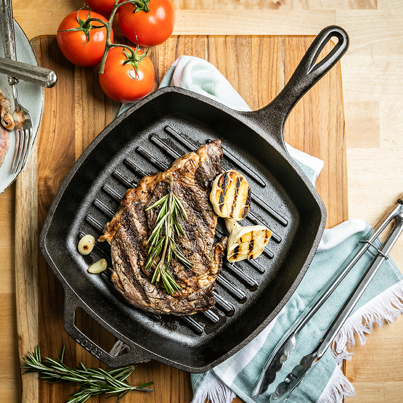 LODEN 10.5 Inch Square Cast Iron Grill Pan - Pre-Seasoned, Heavy Duty Skillet for Stovetop, Oven & Camping - Perfect for Grilling Steaks, Burgers & Vegetables Indoor/Outdoor
