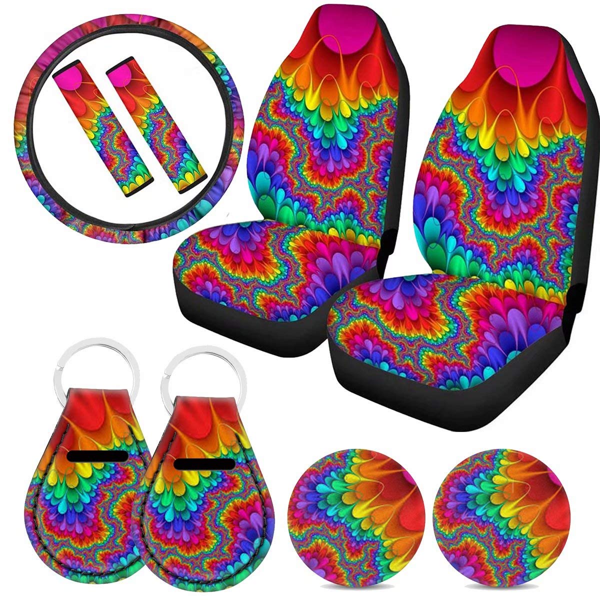 KUIFORTI Rainbow Tie Dye Printed 9-Piece Car Interior Accessories Set - Universal Seat Covers, Steering Wheel Cover, Seat Belt Pads, Coasters & Keychain for Stylish Car Decor | Perfect for Hippie, Boho & Festival-Themed Vehicles