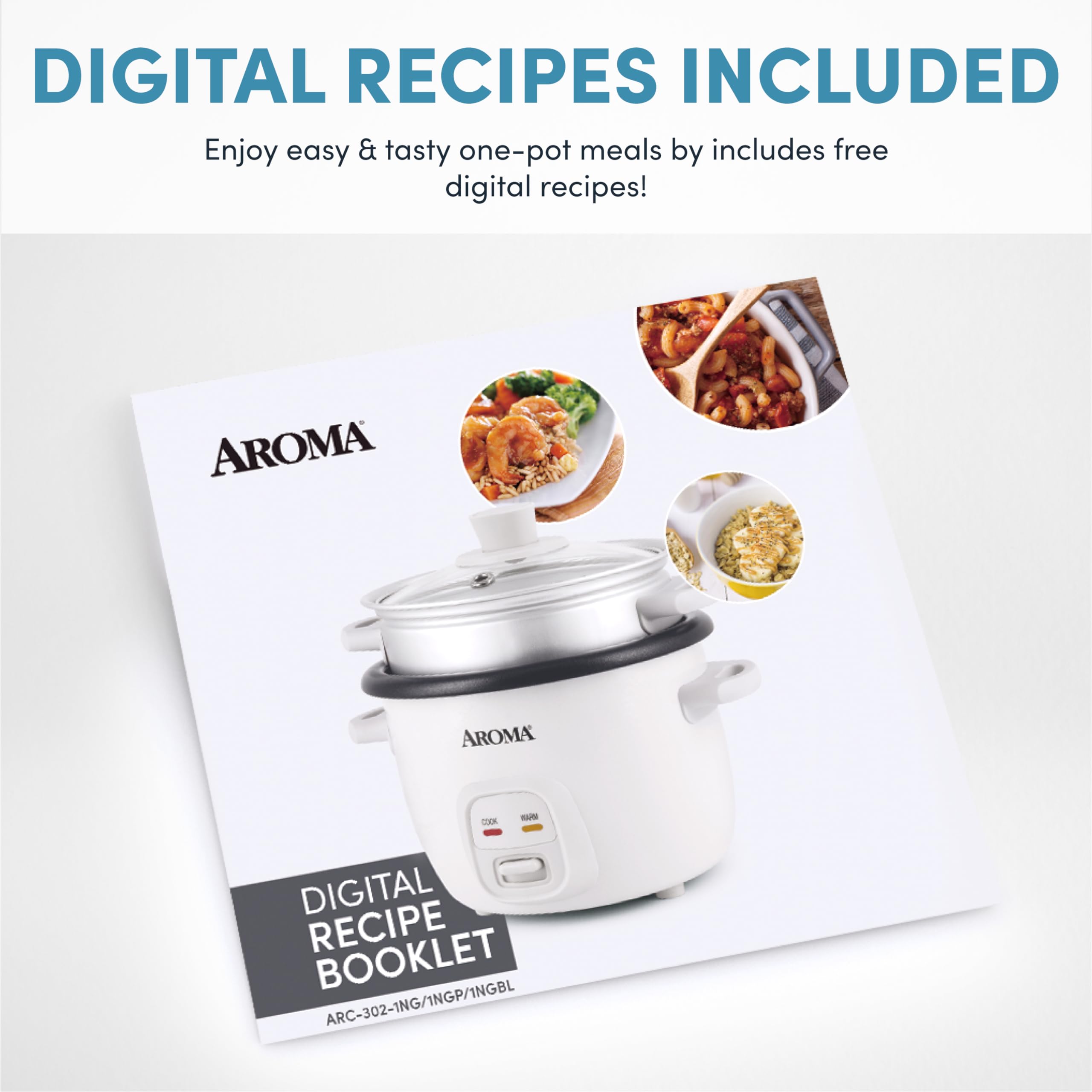 AROMA® 2-Cup (Uncooked) / 4-Cup (Cooked) Rice Cooker with Steamer - Multi-Function Grain & Oatmeal Cooker, Soup Maker, Auto Keep Warm - 1 Qt White (ARC-302-1NG) - Perfect for Small Kitchens, Dorms & Quick Meals