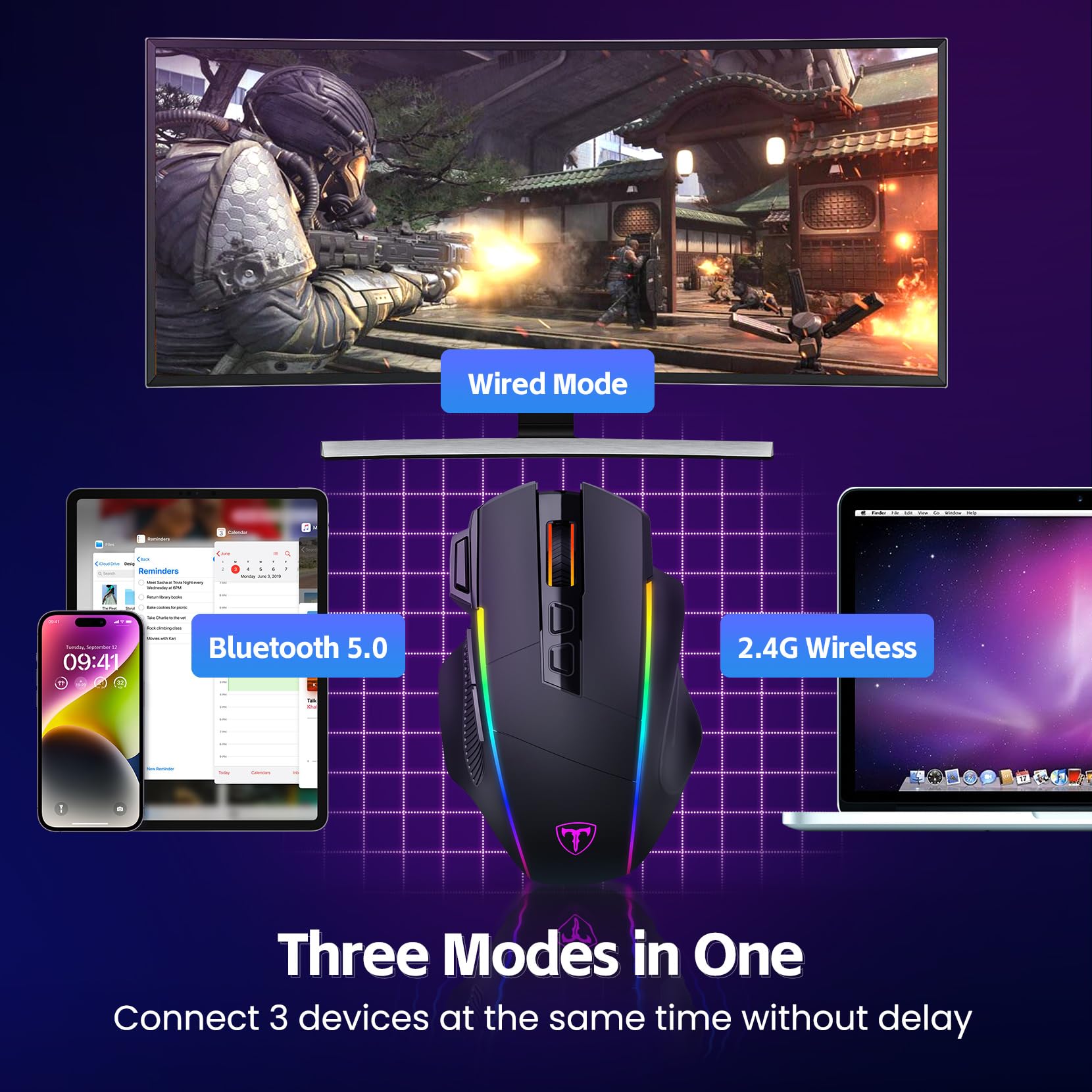 Wireless Gaming Mouse - Triple Mode 2.4G/USB-C/Bluetooth, 10000DPI Adjustable, RGB Backlit, Ergonomic Design with 8 Programmable Buttons, Rechargeable for PC, Mac, Laptop (Black) | Perfect for FPS, MOBA Gaming & Office Work