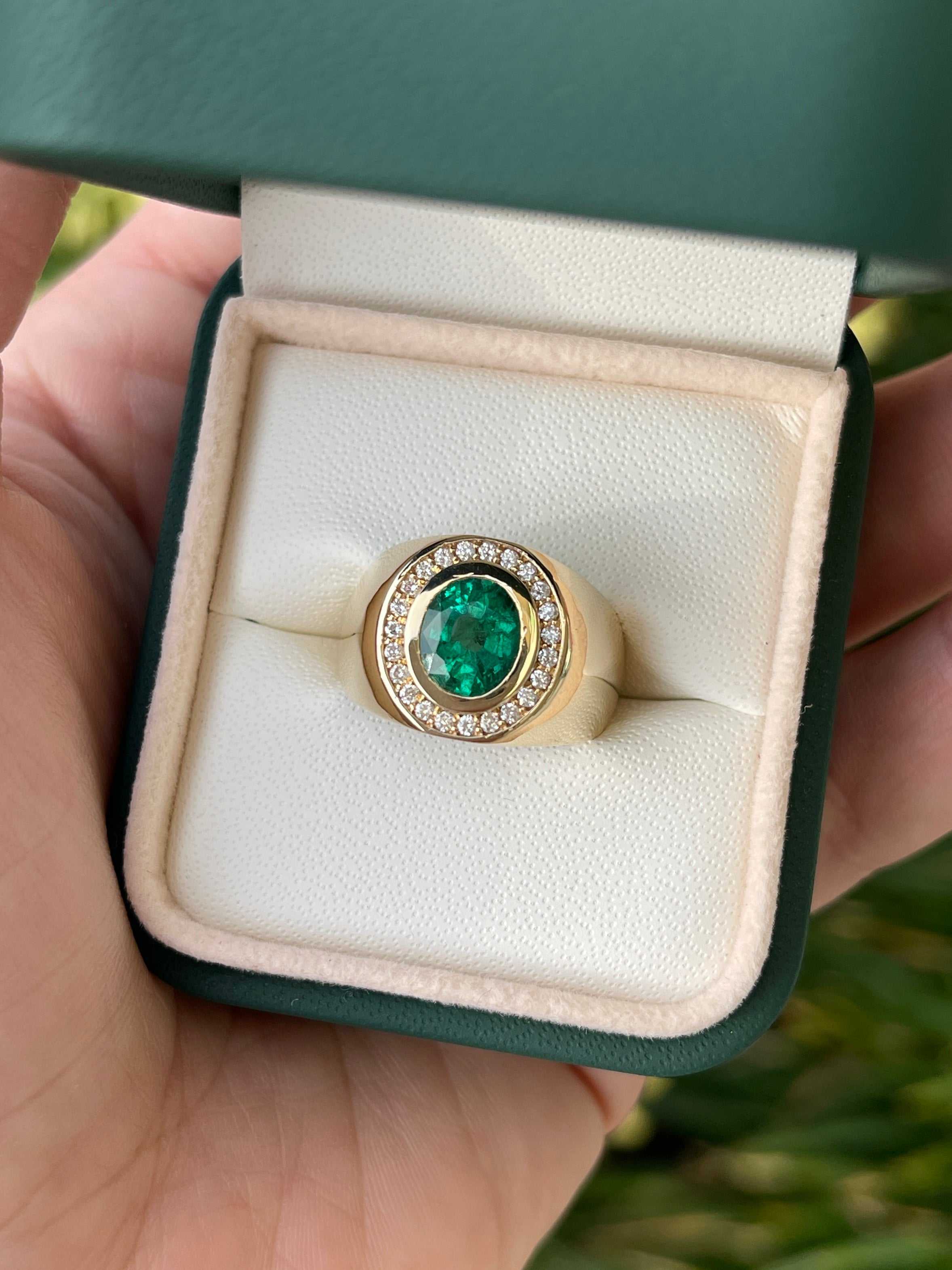 1.95tcw Natural Emerald & Diamond Halo Men's Ring in 14K Gold - Elegant Wedding Band, Anniversary Gift for Him, Perfect for Special Occasions