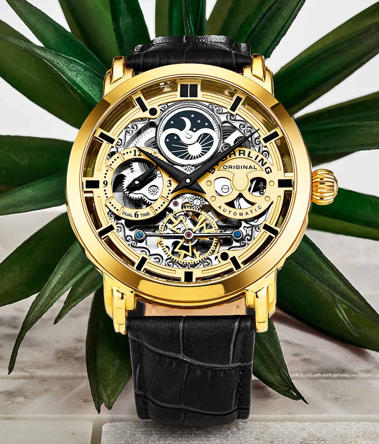 Anatol Dual Time 371 Automatic 46mm Skeleton Watch for Men - Luxury Stainless Steel Mechanical Timepiece with Exhibition Caseback - Perfect for Business, Formal Events & Gift Giving