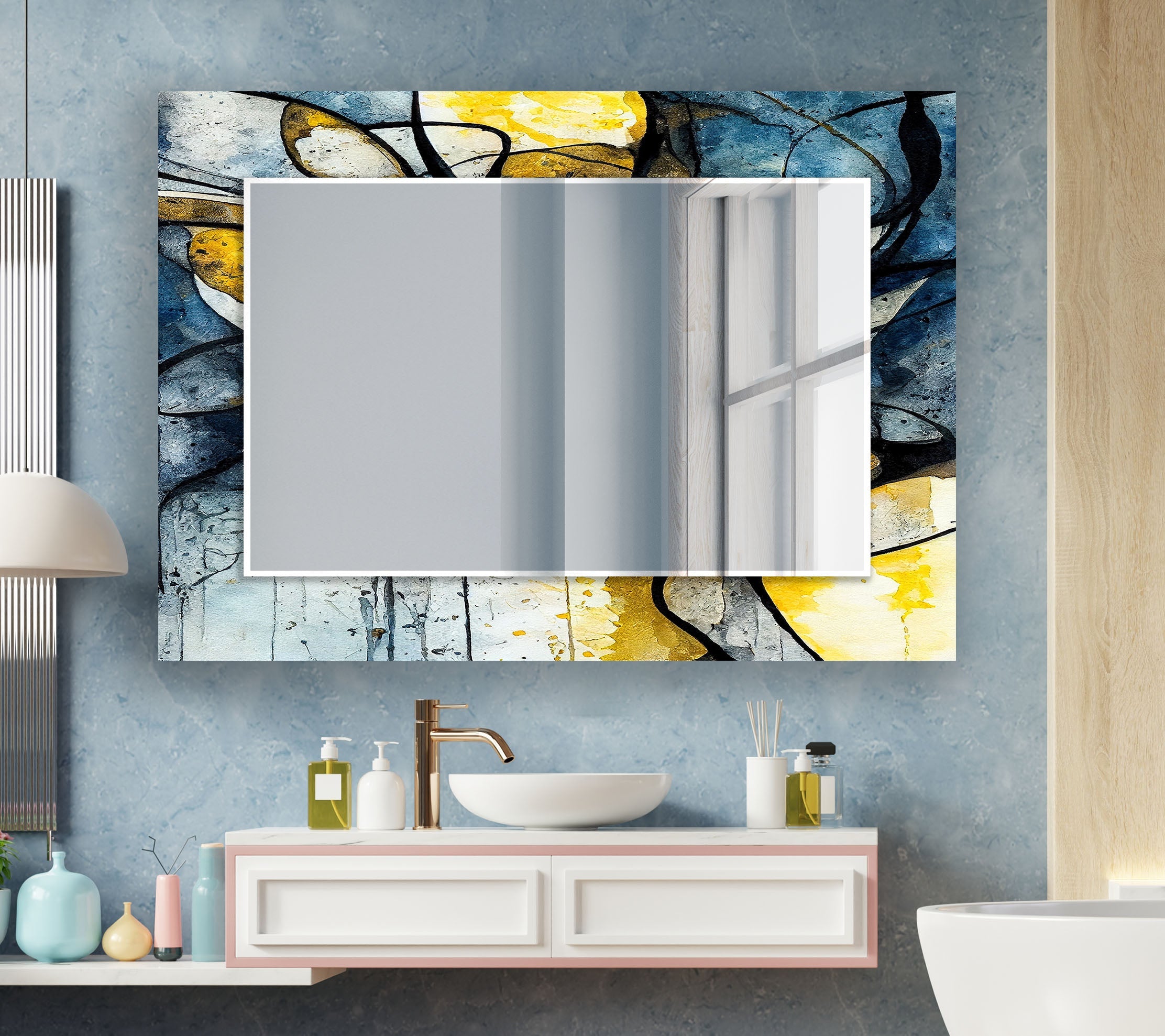 Abstract Wall Mirror in Blue and Yellow Ink - Modern Home Decor for Living Room, Bedroom, or Office