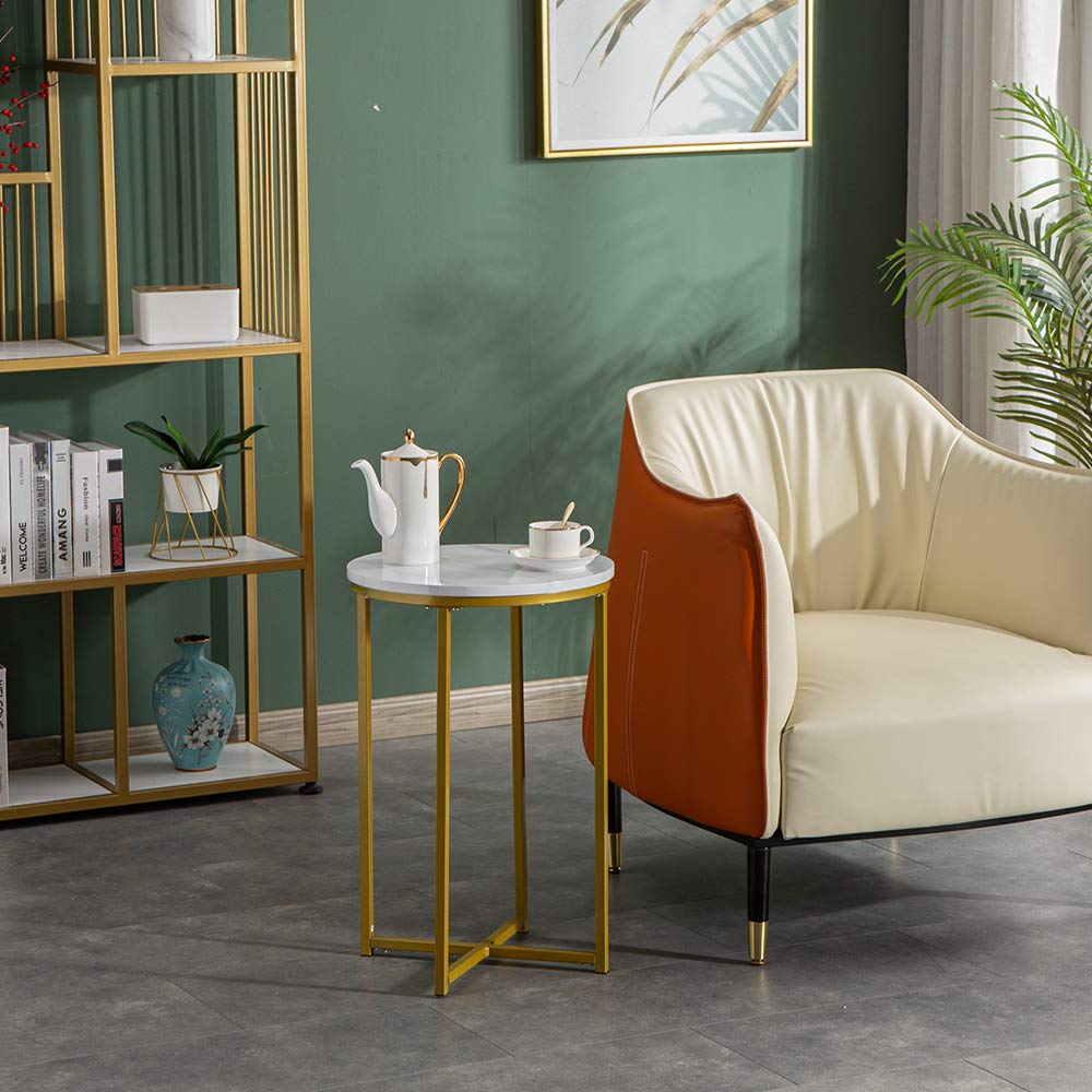 White Marble Round Side Table with MDF Metal Base - Modern Coffee Table & Accent End Table for Living Room, Bedroom, Apartment - Perfect for Small Spaces & Home Decor