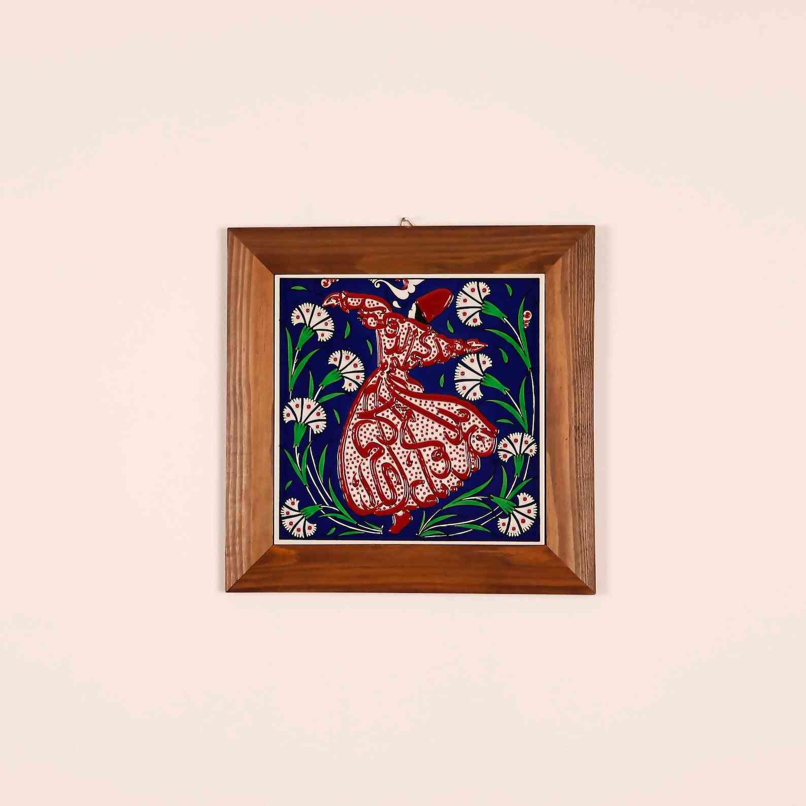 Hand Painted Islamic Iznik Tile Wall Art - Whirling Darwish Design - Authentic Turkish Home Decor for Living Room, Bedroom & Office