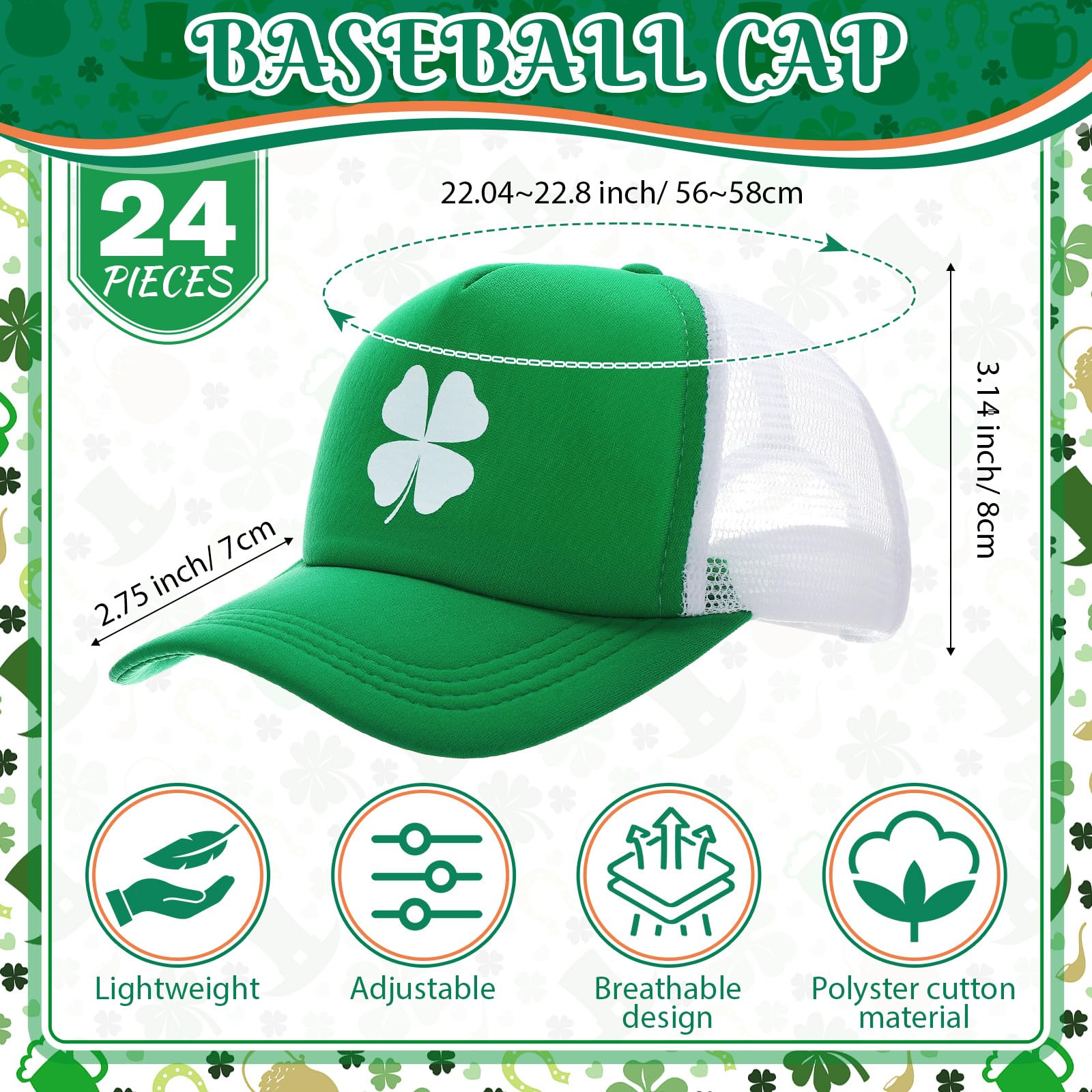 24 Pcs St Patrick's Day Hats Bulk - Irish 4 Leaf Clover Baseball Caps, Adjustable Green Foam Cotton Shamrock Hats for Men & Women - Perfect for St Patty's Day Parties, Parades & Festive Gifts