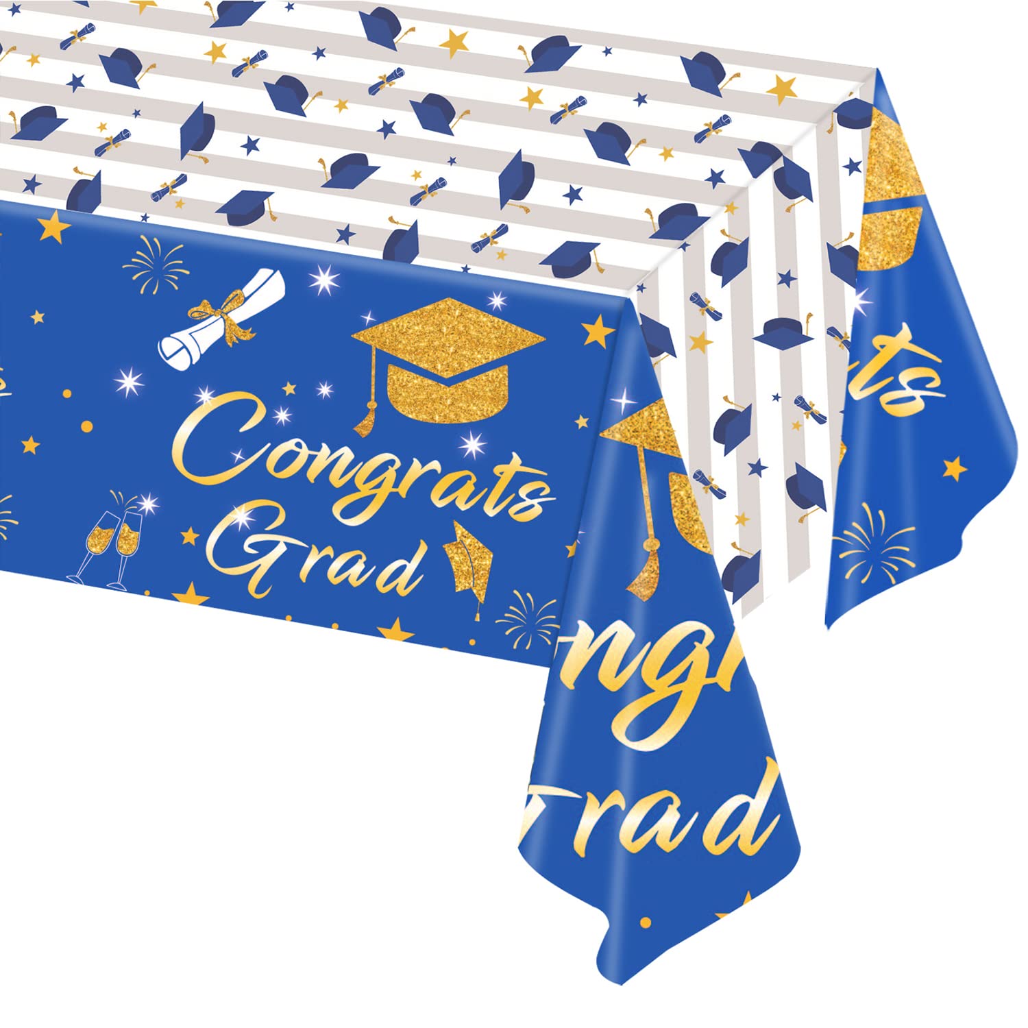2 Pack Blue and Gold Graduation Tablecloths - 2023 Graduation Party Decorations, Congrats Grad Table Covers for Ceremony & Celebration (Perfect for Graduation Parties, Banquets & School Events)