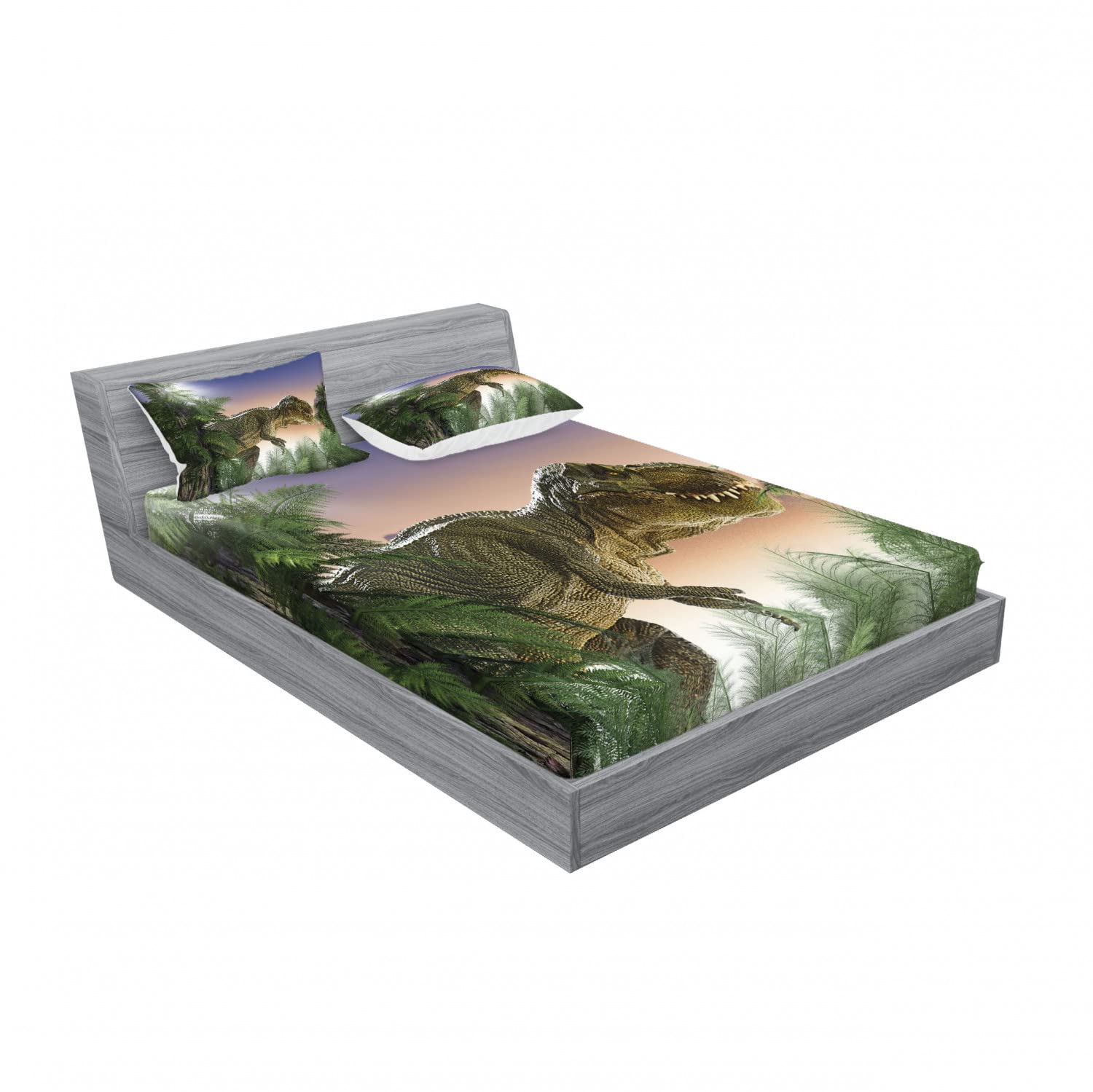 Ambesonne Jurassic 2-Pack Queen Size Bedding Set - Dinosaur Jungle Print Fitted Sheets & Pillow Shams (4-Piece, Peach Green Blue) for Kids Room Decor & Themed Bedroom Design