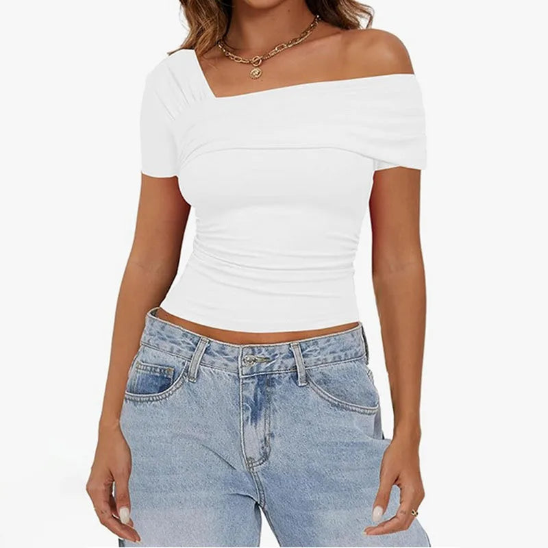 Women's Asymmetrical Fitness Crop Top - Solid Color Summer T-Shirt with Sexy Fold Design & Short Sleeves | Gym Wear, Yoga, Casual Outfits, Street Style