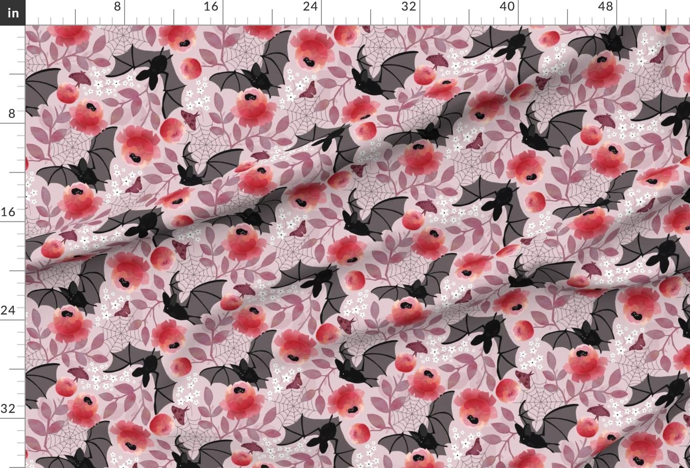 Pastel Bat Floral Pink Black Flowers Printed Minky Fabric - Soft Plush Fat Quarter for Sewing Baby Blankets, Quilt Backing & DIY Crafts - Nature Rose Gothic Design for Nursery Decor & Home Projects