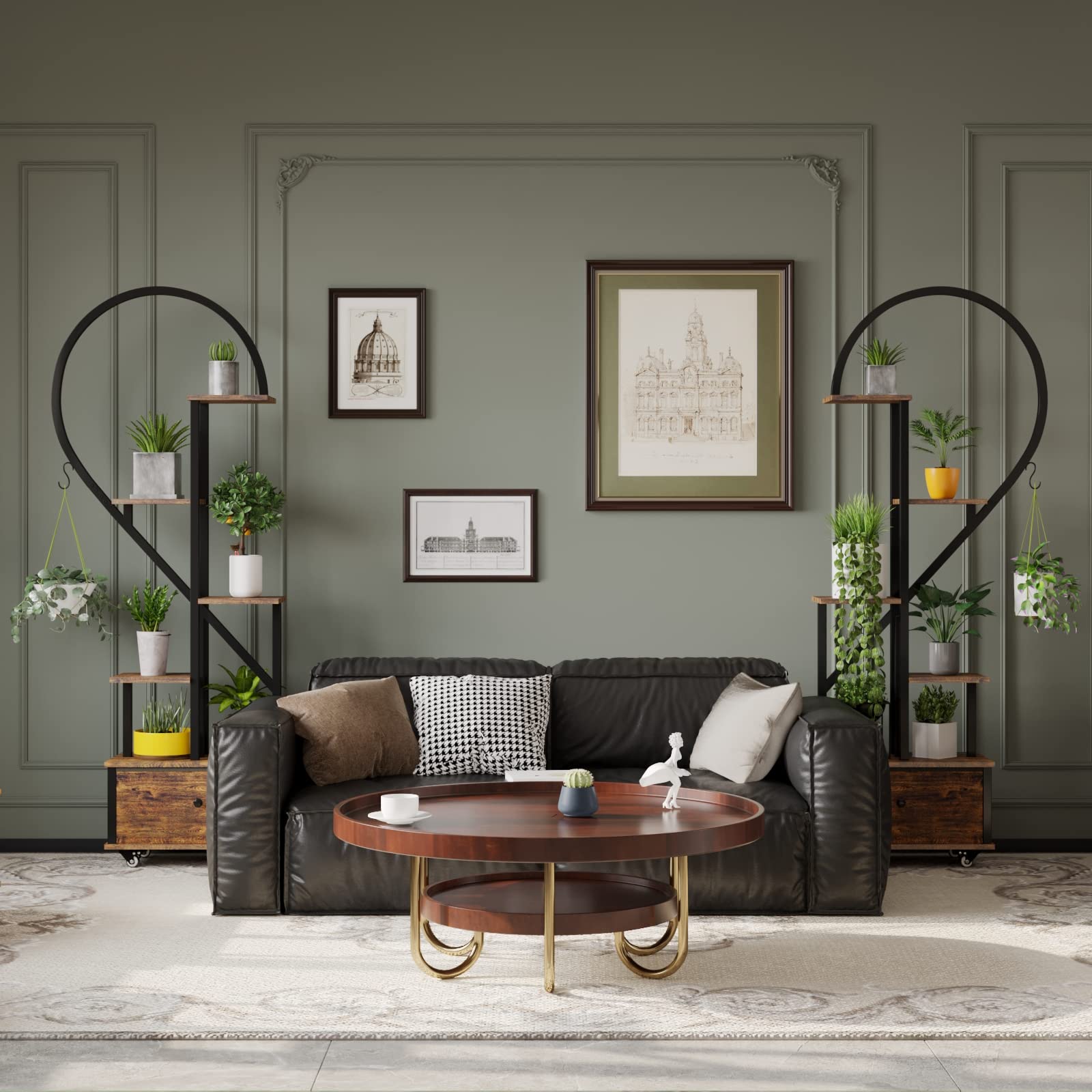 5-Tier Tall Heart-Shaped Metal Plant Stand with Wheels & Hanging Hooks - Rustic Brown Indoor Plant Shelf for Living Room, Balcony, Garden - Farmhouse Style Wooden Plant Display (2 Pack) - Perfect for Small Space Decor & Vertical Gardening