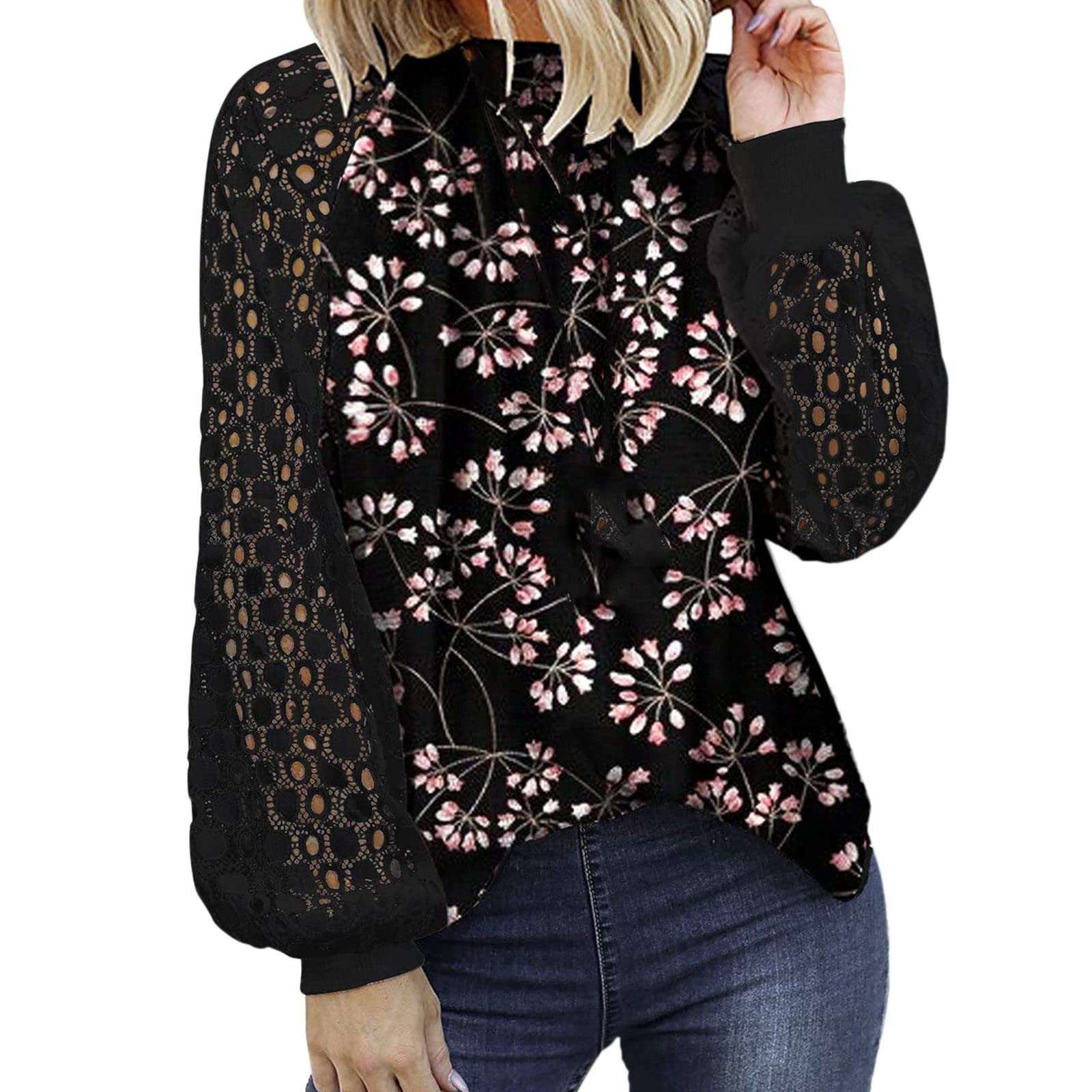 Elegant Women's Long Sleeve Round Neck Floral Print Lace Pullover Top - White Blouse for Office, Date Night & Casual Wear