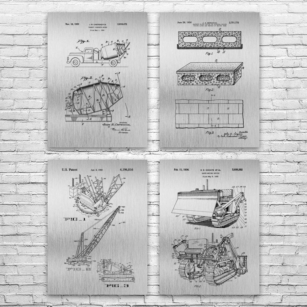 Construction Patent Posters Set of 4 - Blueprint Wall Art for Contractors & Engineers - 20x30 Inch Brushed Steel Frames - Perfect for Workshop, Office or Construction Site Decor