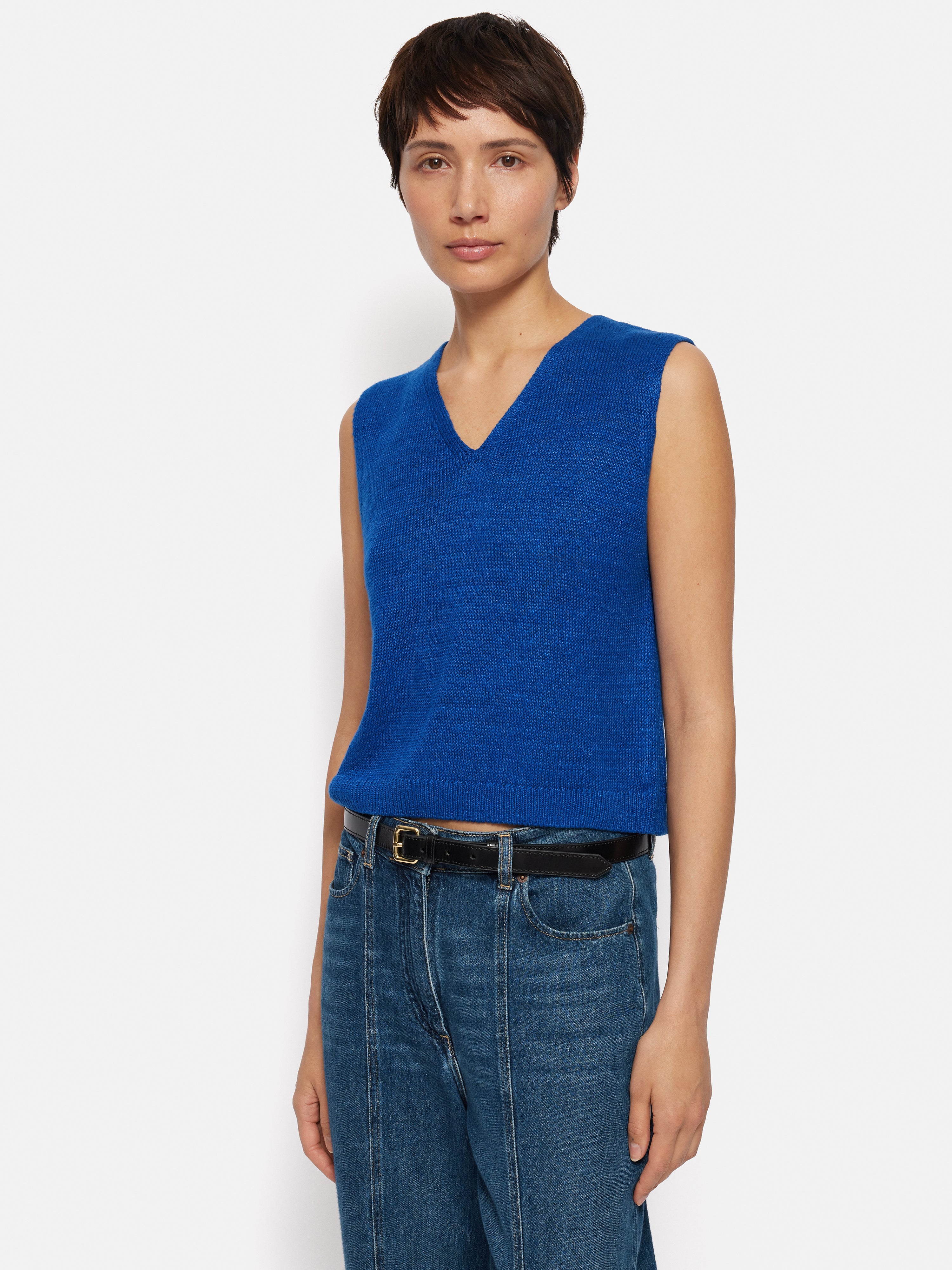 Linen Slub Cropped V Neck Tank Top for Women - Light Blue Summer Casual Top | Perfect for Beach, Vacation & Everyday Wear
