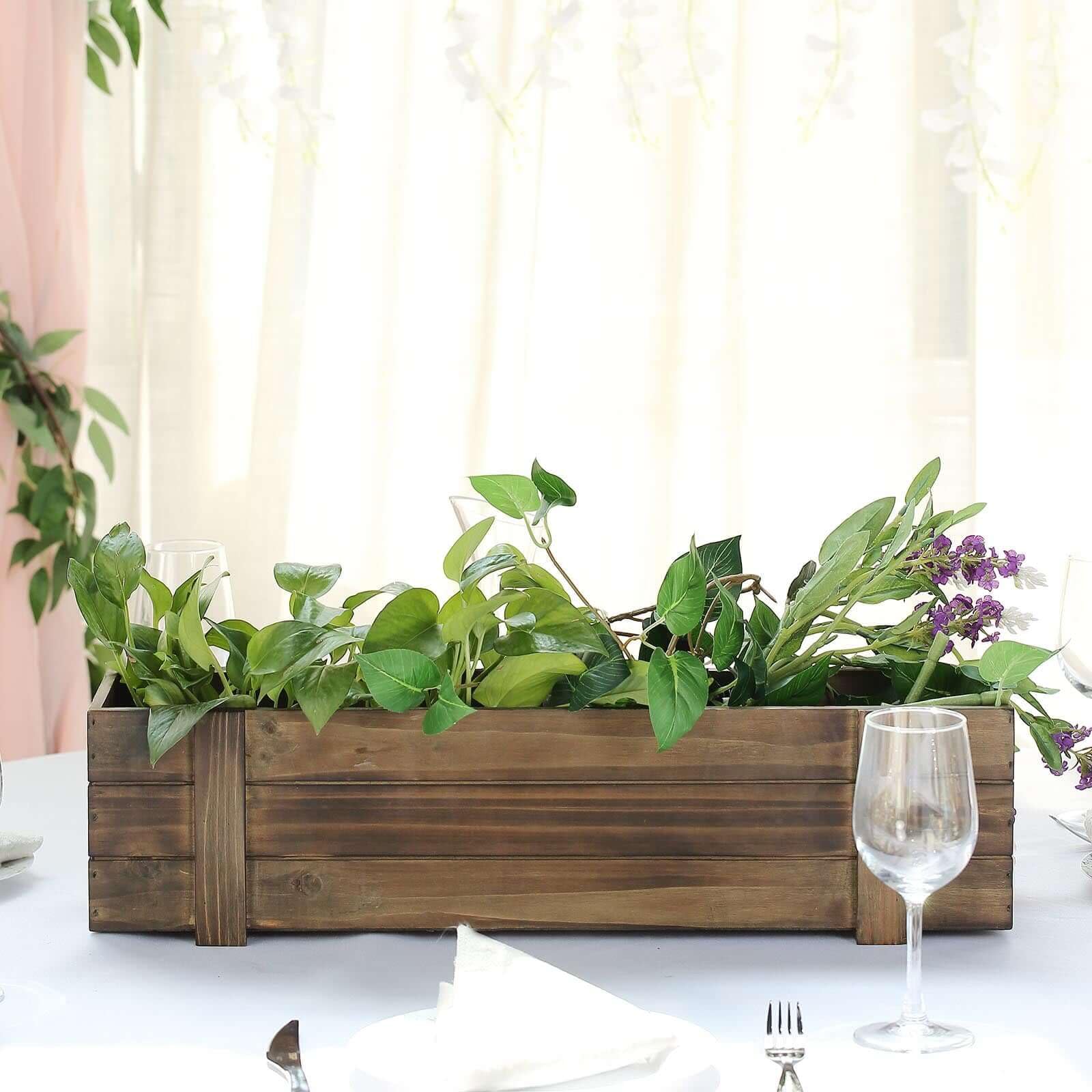 Efavormart 24x6 Inch Smoked Brown Rectangle Wooden Planter Boxes with Plastic Liner - DIY Rustic Wedding Party Decor for Centerpieces, Home Garden, and Outdoor Decorations