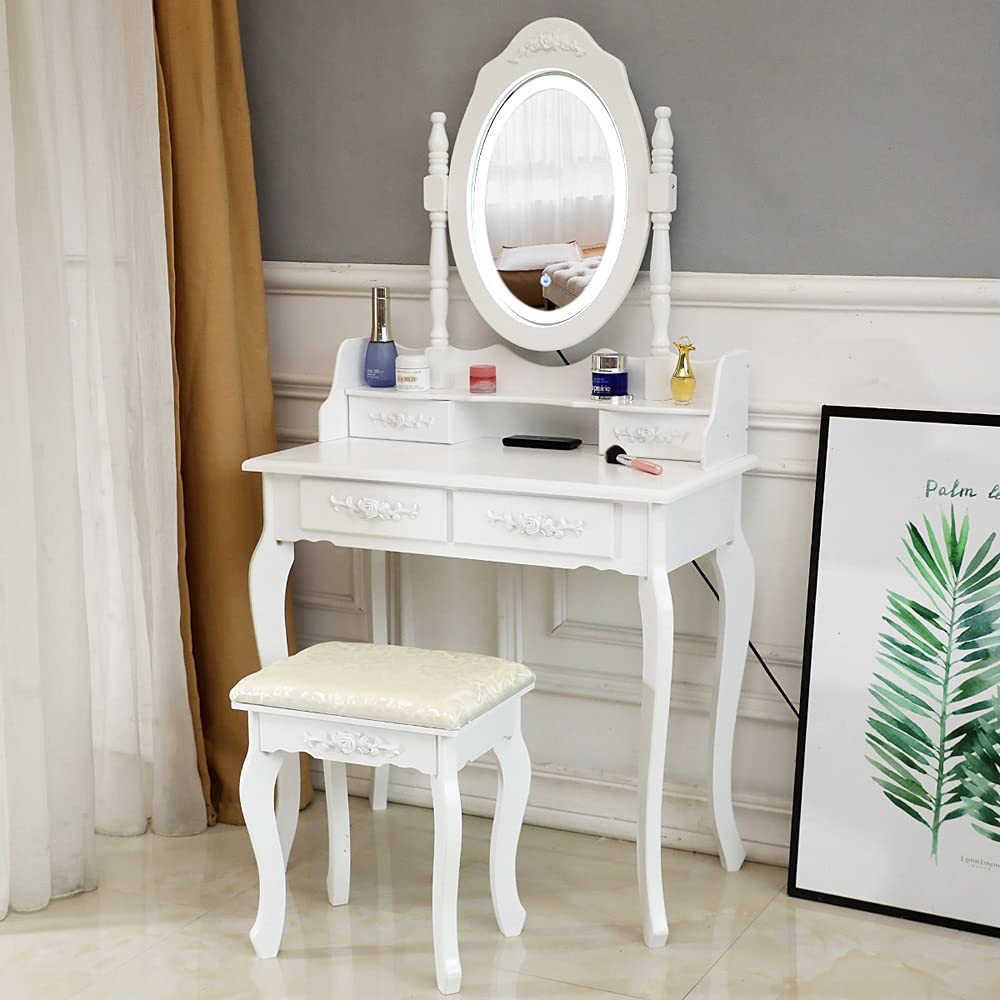XIEJING White Vanity Dresser with Mirror - 4 Drawer Single Mirror Dressing Table for Bedroom, Makeup & Beauty Station - Perfect for Home Decor, Cosmetics Storage & Vanity Organization