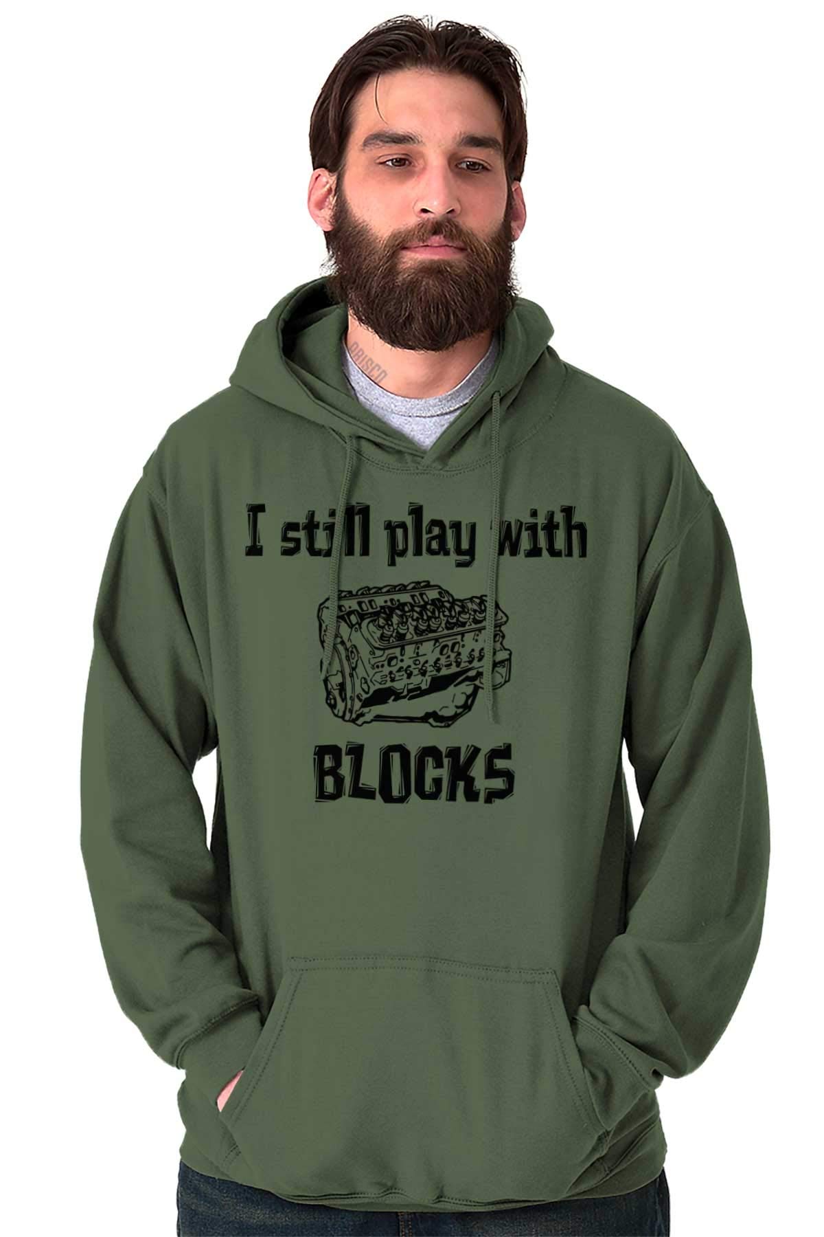 Brisco Brands Play With Blocks Car Engine Mechanic Hoodie Sweatshirt for Men & Women - Perfect for Auto Enthusiasts, DIY Mechanics, and Casual Streetwear