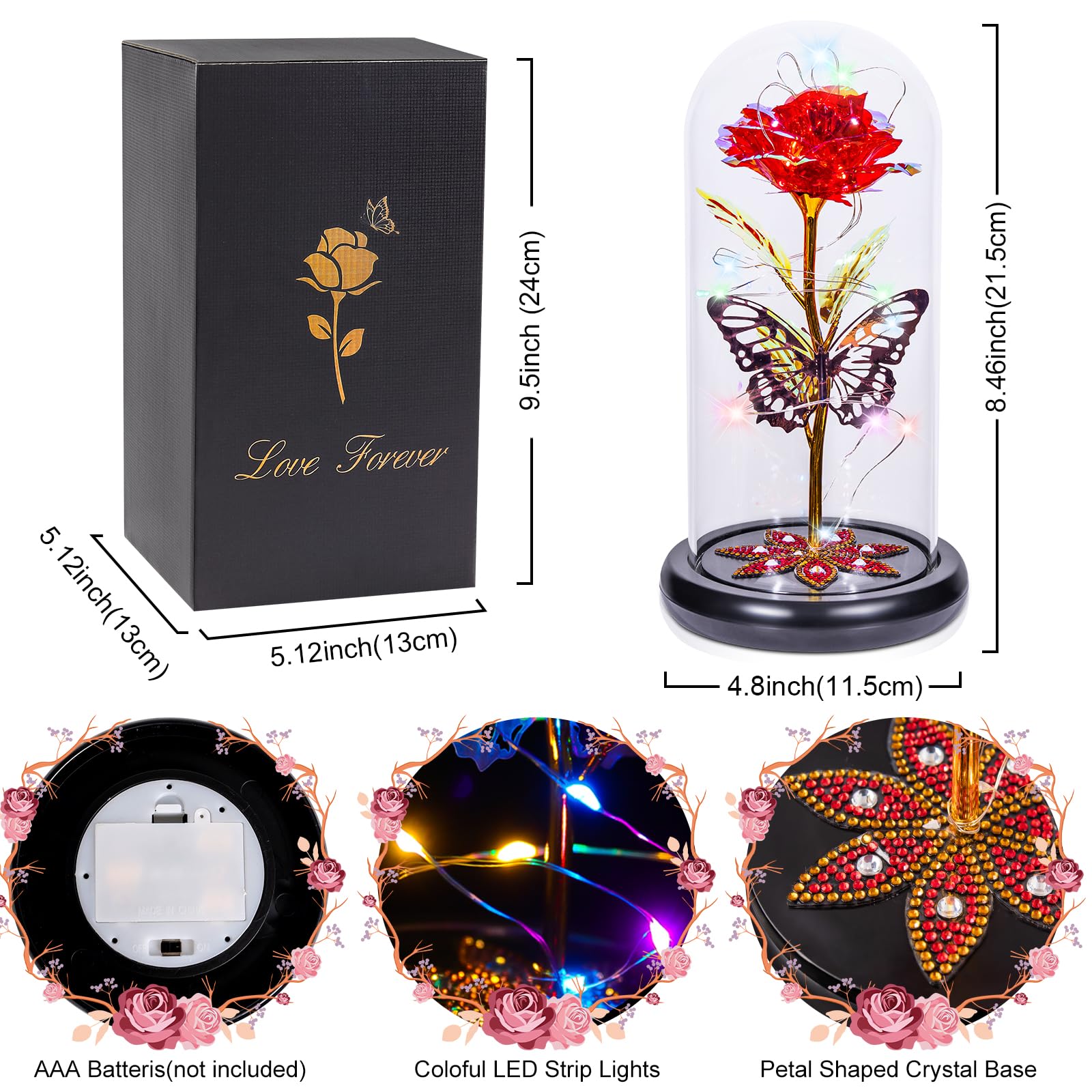 Eternal Crystal Rose in Glass Dome with Butterfly - Galaxy Glass Rose Flower Gift for Mom, Women, Wife, Grandma, Daughter - Mother's Day, Anniversary, Birthday Gift Idea - Romantic Home Decor & Night Light
