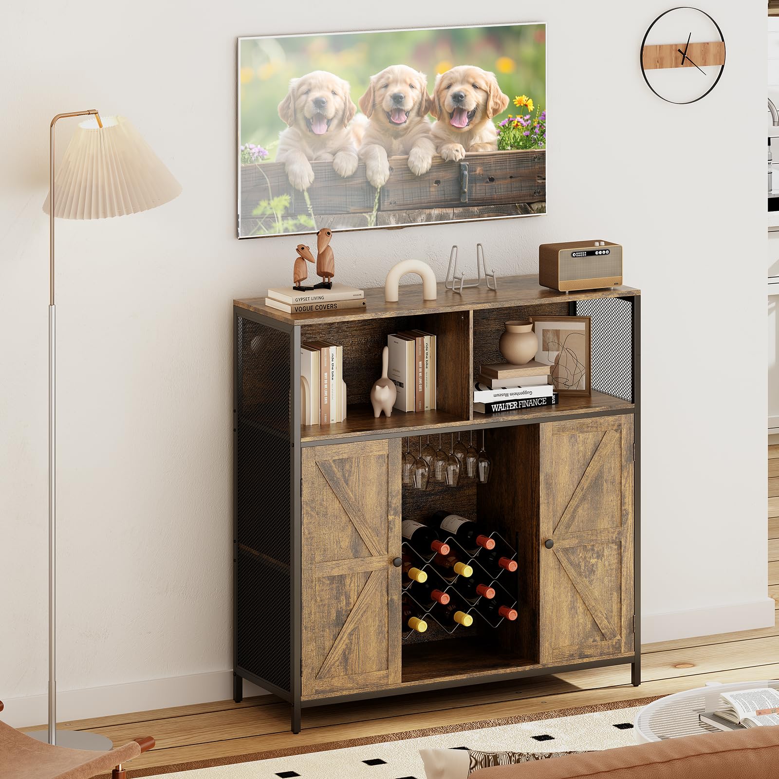 Redlife Industrial Wine Bar Cabinet with Power Outlets, LED Lights & Glass Holder - Modern Storage Buffet for Coffee & Wine Station - Perfect for Home Bar, Dining Room & Entertainment Areas