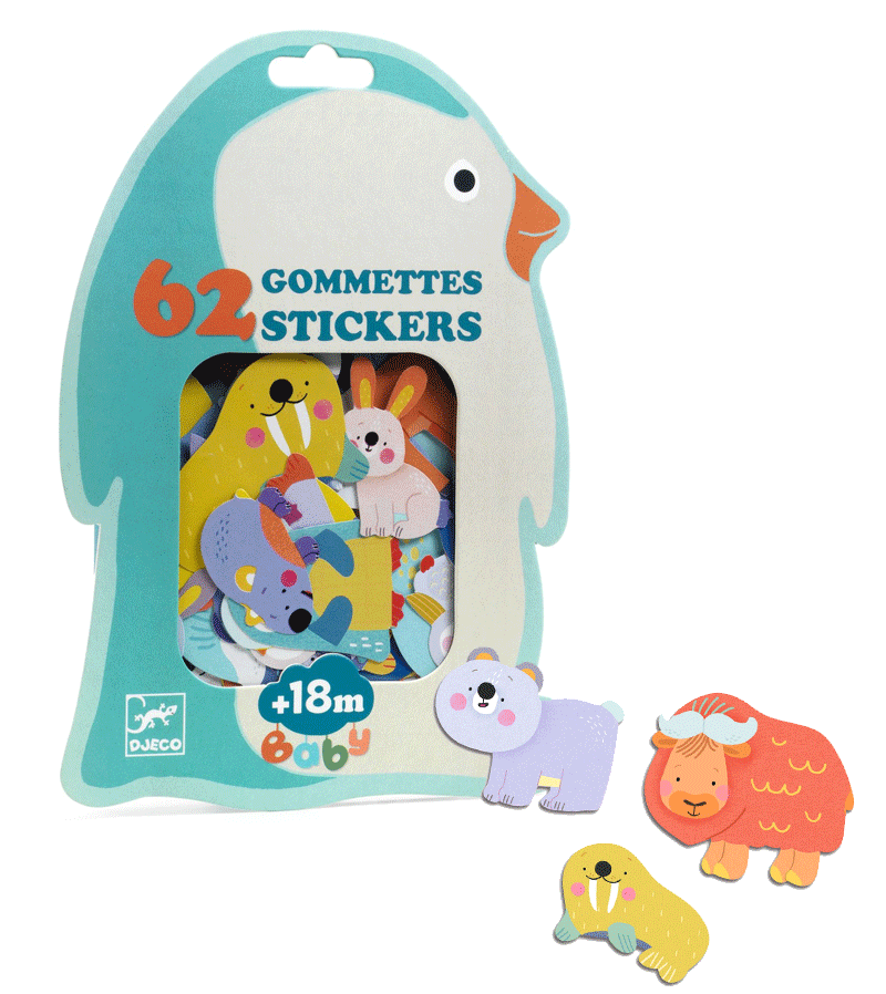 62-Piece Arctic Animal Stickers by Djeco - Fun Ice-Themed Decals for Kids' School Supplies, Scrapbooking & Water Bottles