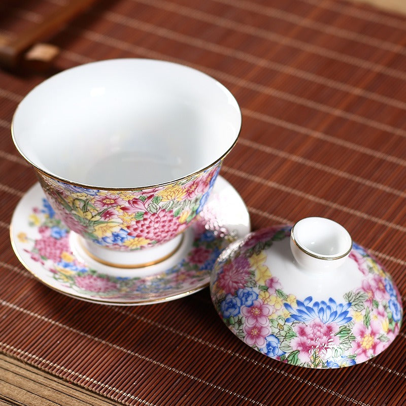 Premium Enamel Porcelain Flower Gaiwan Tea Set - Traditional Chinese Tea Cup with Lid & Saucer - Perfect for Gongfu Tea Ceremony, Home Decor, and Gift Giving