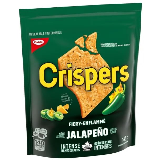 Christie Crispers Fiery Jalapeño Crackers - Spicy Snack, 5.1oz (145g) | Crunchy Pepper Flavored Crackers for Parties, Lunch Boxes & On-the-Go Snacking | Shipped from Canada