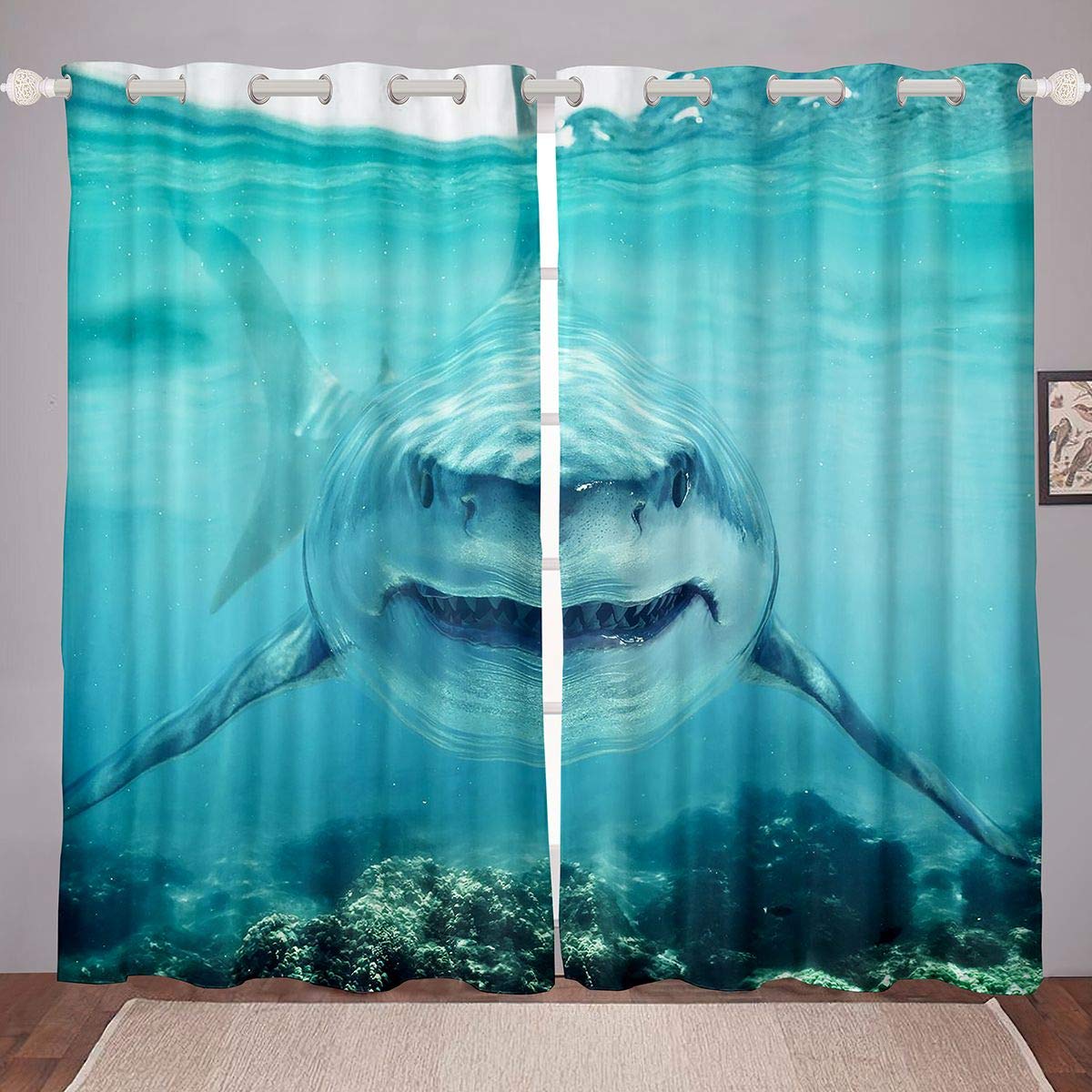 3D Shark Curtains for Kids - Ocean Theme Window Drapes (2 Panels, 52x96 Inch) - Perfect for Bedroom, Playroom & Underwater Themed Decor