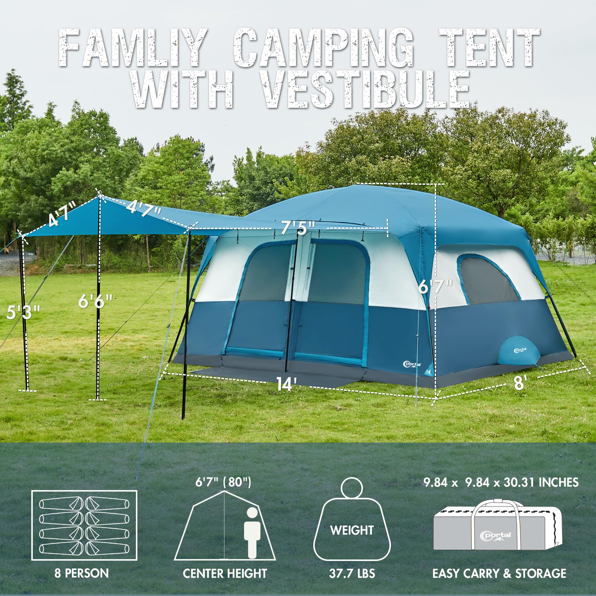 PORTAL 6 | 8 | 10 Person Family Camping Tent with Porch - Spacious Waterproof Tent with High Ceiling & Great Ventilation for Outdoor Adventures, Backyard Camping & Family Gatherings