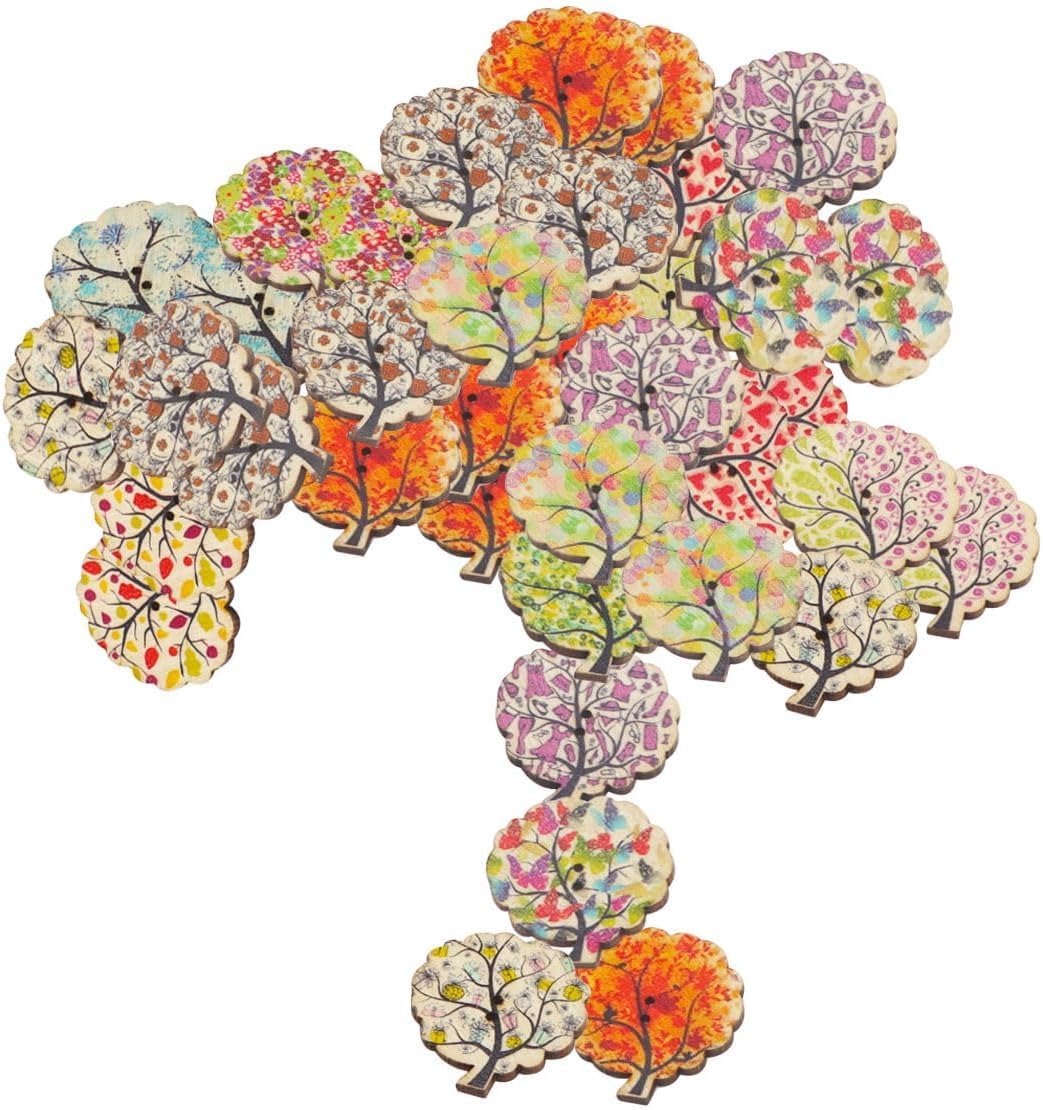 AKOAK 50 Pcs Natural Wood Buttons - 2-Hole DIY Craft Buttons with Tree, Heart & Flower Designs for Sewing, Scrapbooking, Home Decor - Perfect for DIY Projects, Gift Wrapping & Handmade Cards