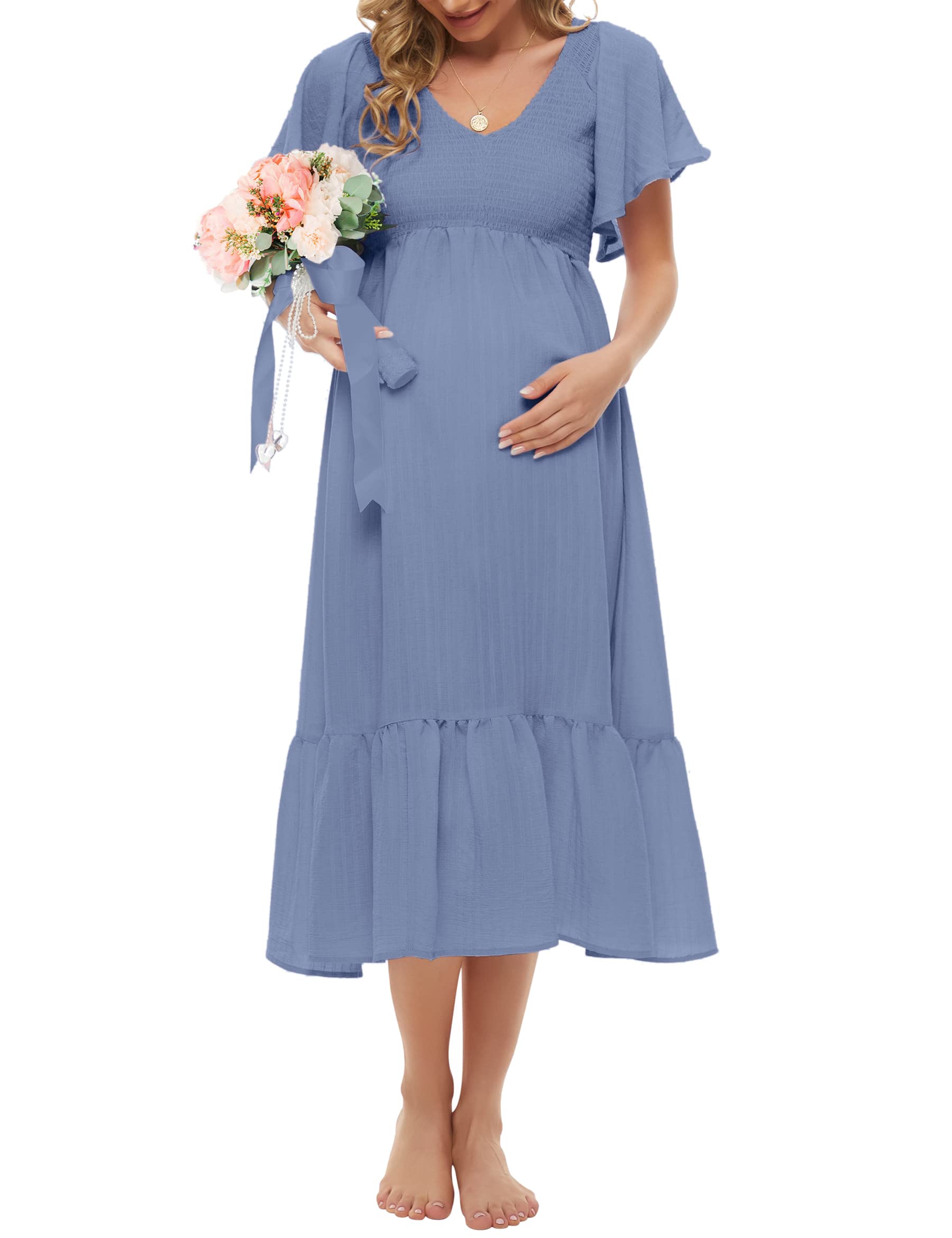 Boho Flutter Short Sleeve Maternity Dress for Women - V-Neck Smocked Midi Dress (Sizes S-2XL) | Perfect for Baby Showers, Casual Wear & Summer Outfits